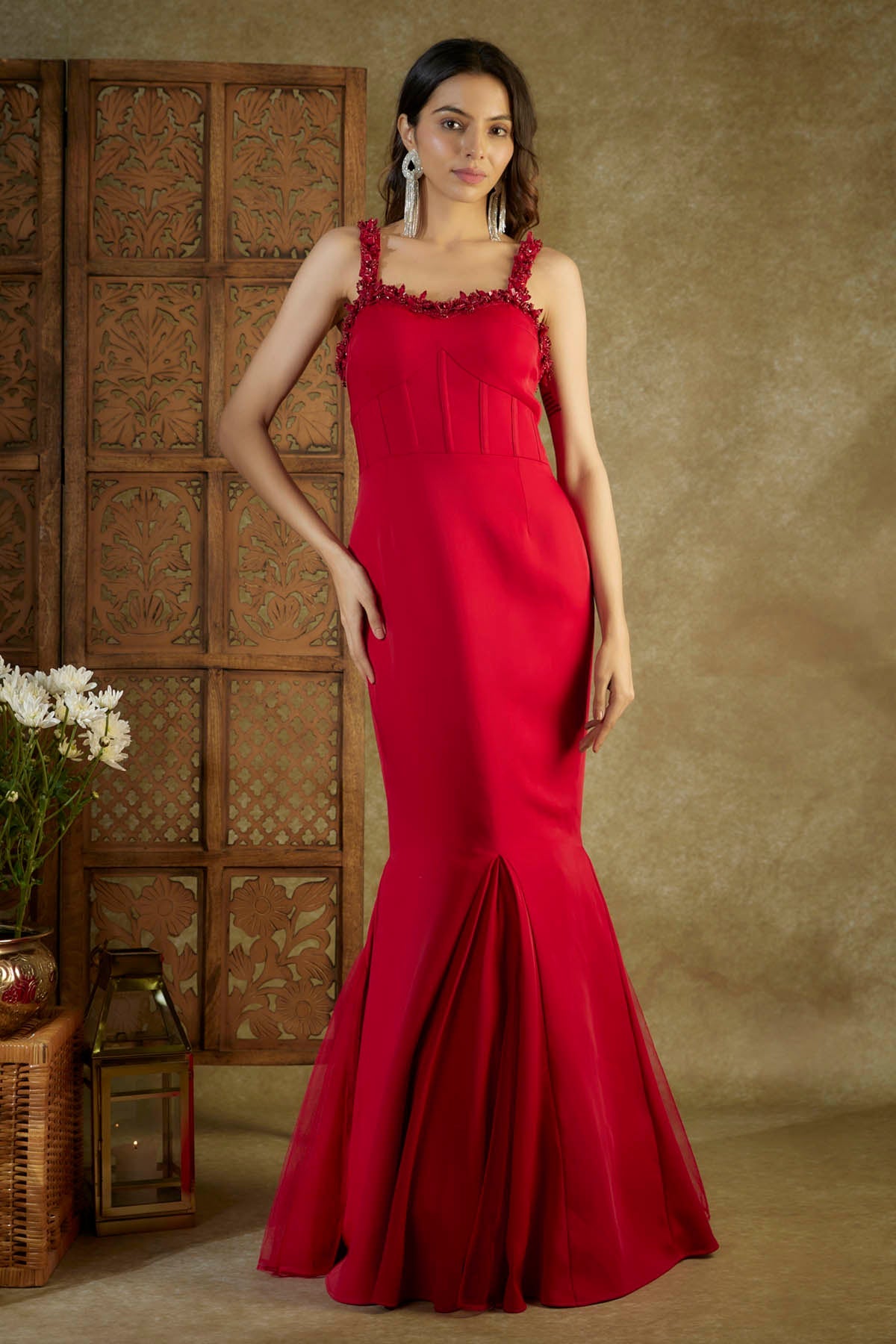 Buy Mehak Murpana Red Embroidered Fish Cut Gown For Women