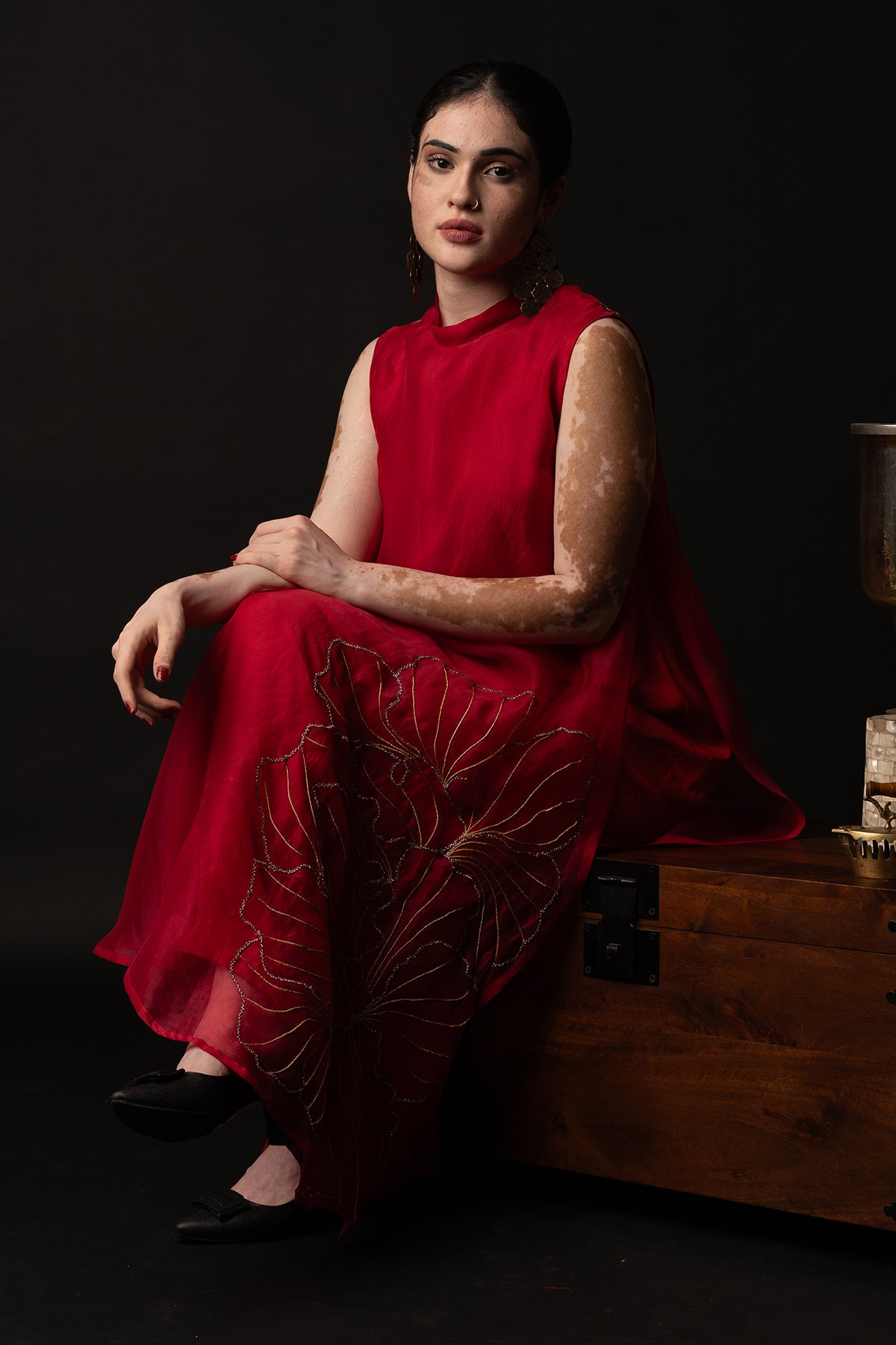 Red Embroidered High Neck Dress