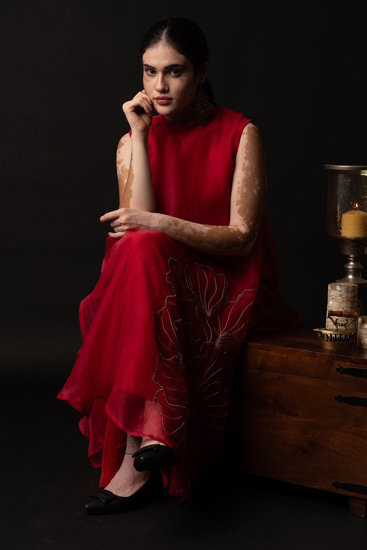 Red Embroidered High Neck Dress