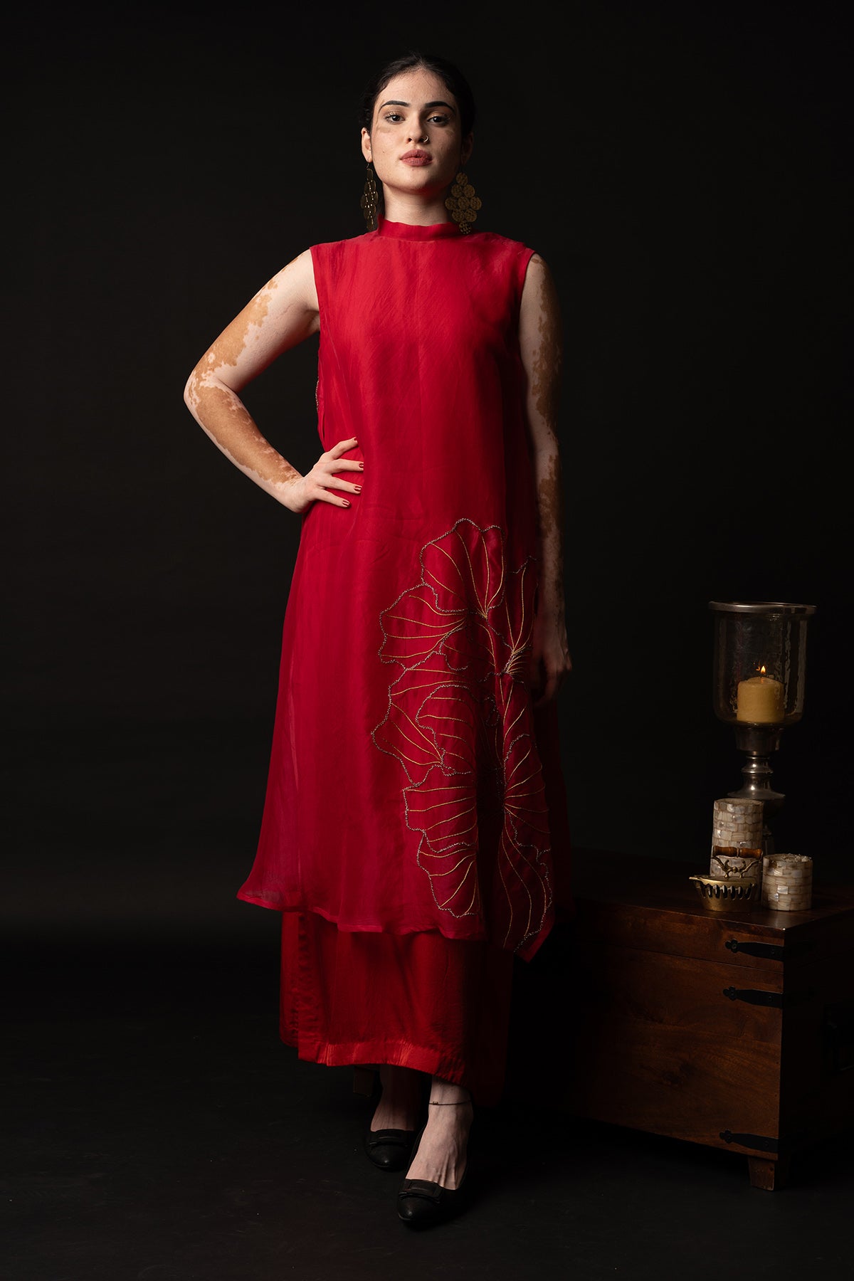 Red Embroidered High Neck Dress