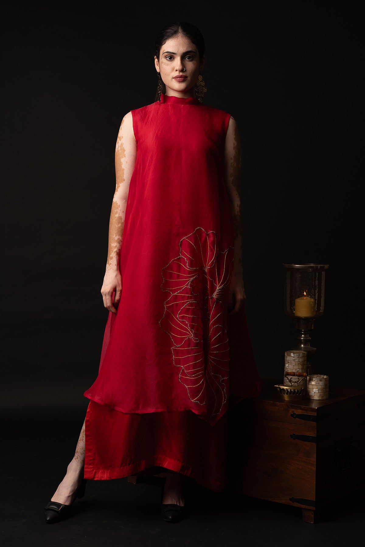Red Embroidered High Neck Dress