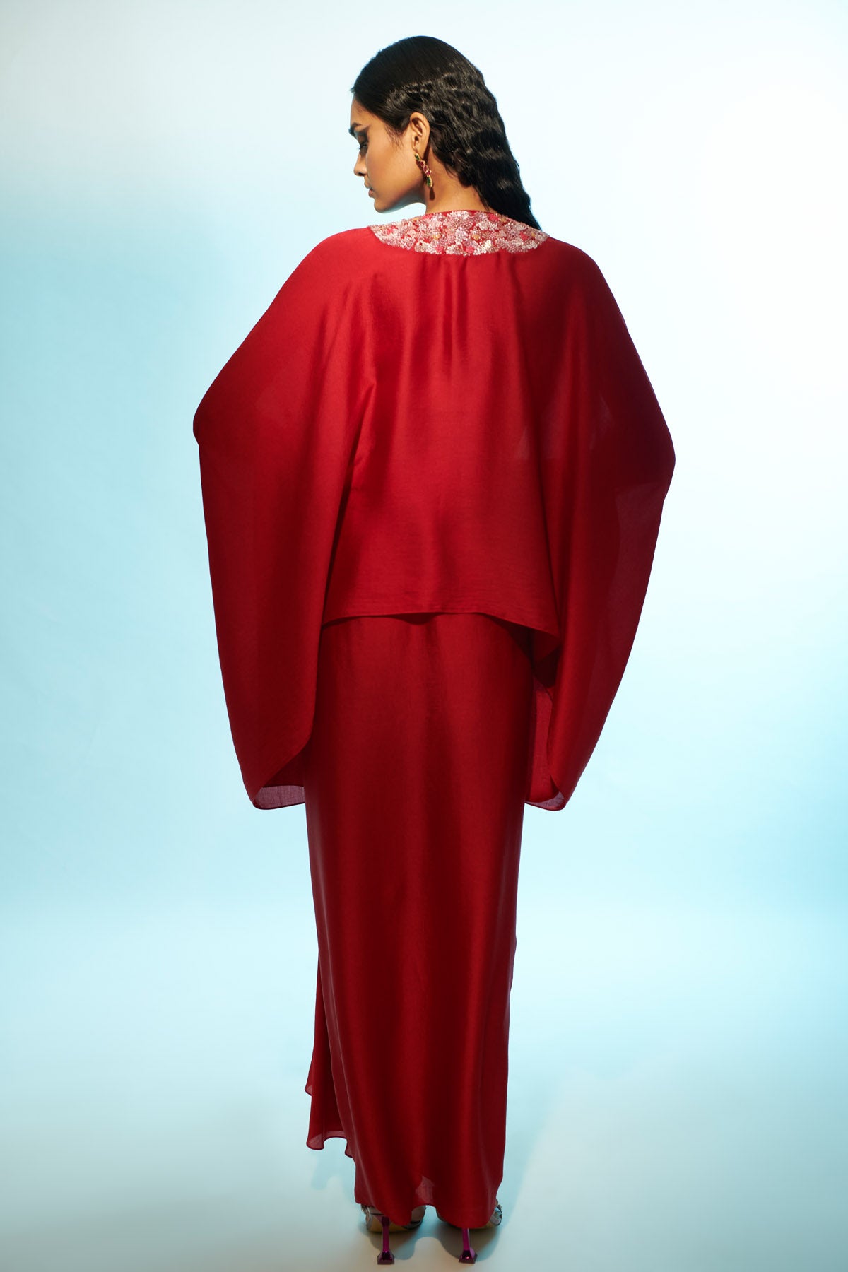 Red Embroidered Indo-Western Set