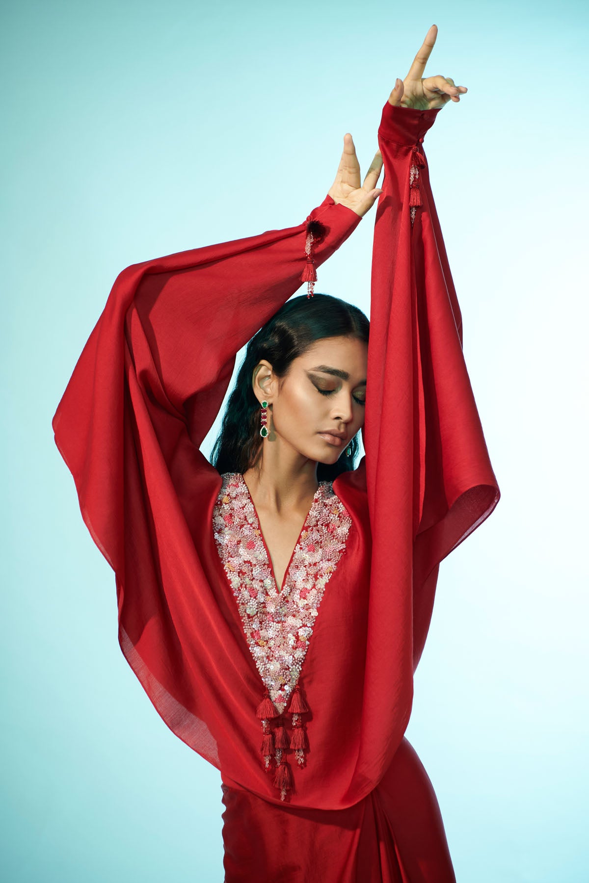 Red Embroidered Indo-Western Set