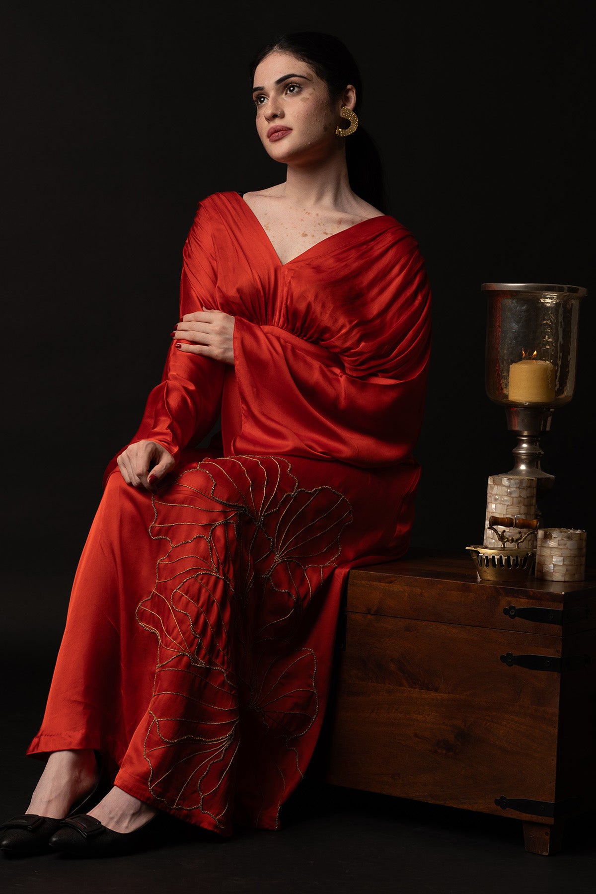 Red Embroidered Kimono Dress