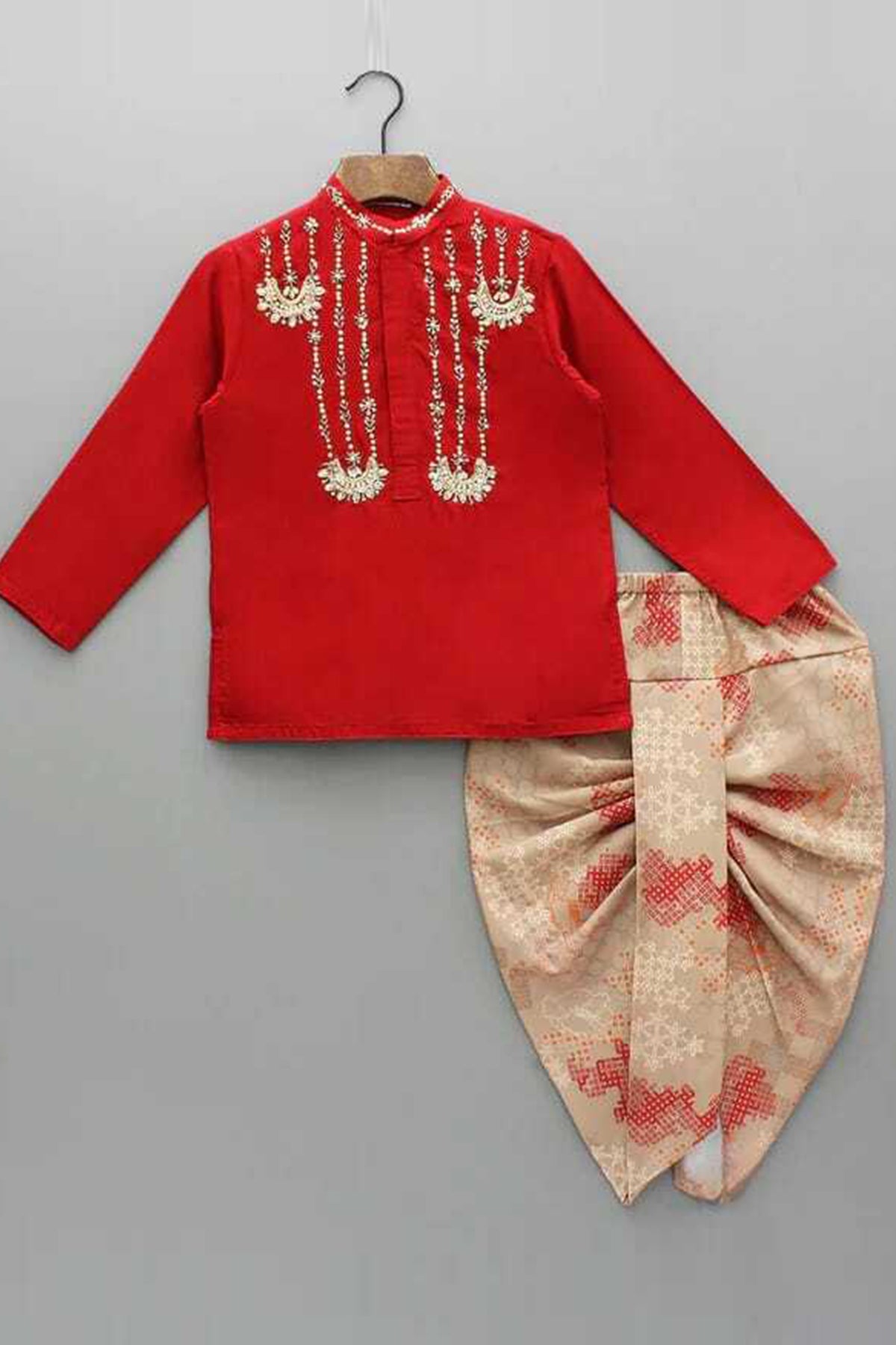 Buy Red Embroidered Kurta & Dhoti for Kids by Little Brats Designer online available at scrollnshops