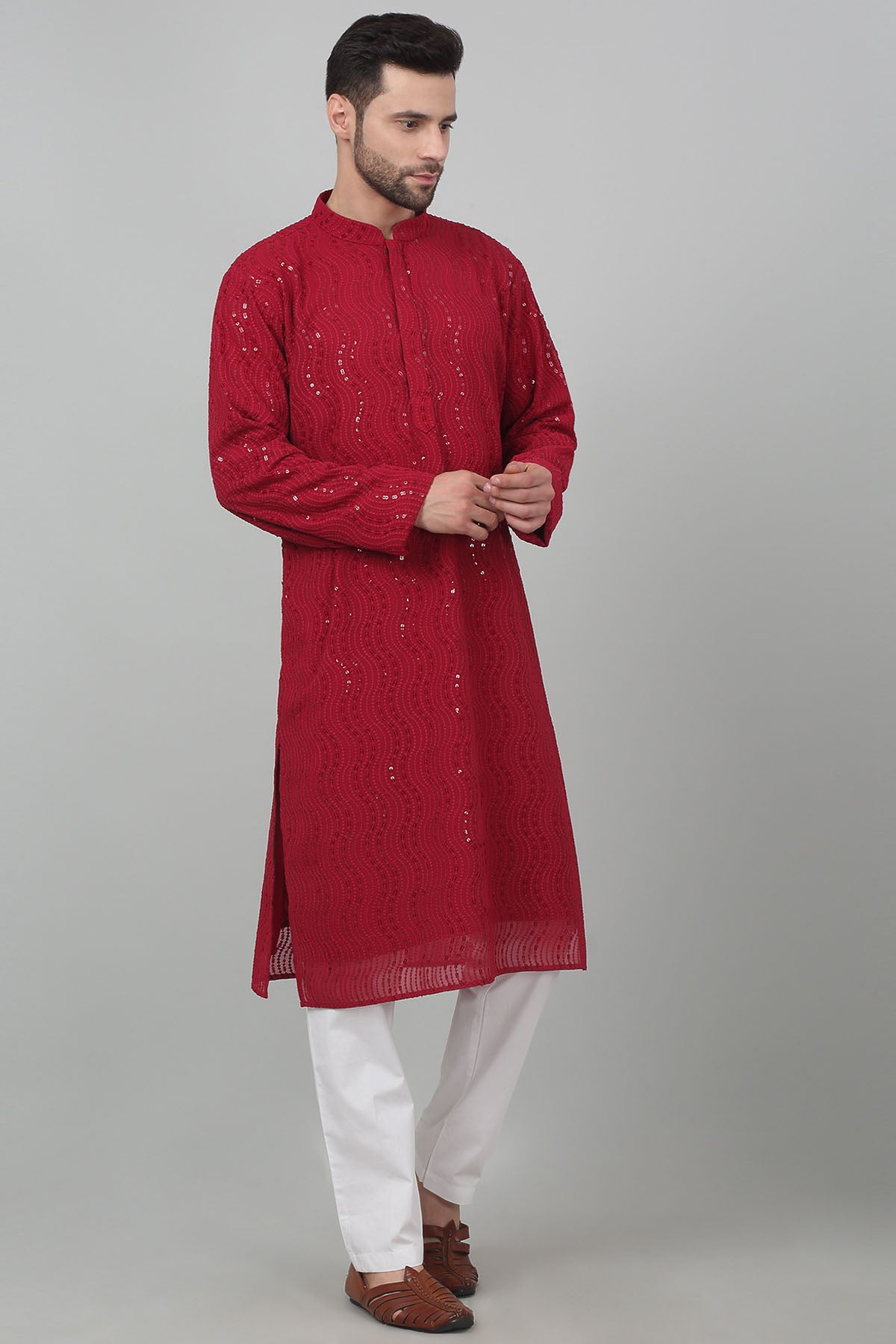 Embroidered Red Kurta & Pants