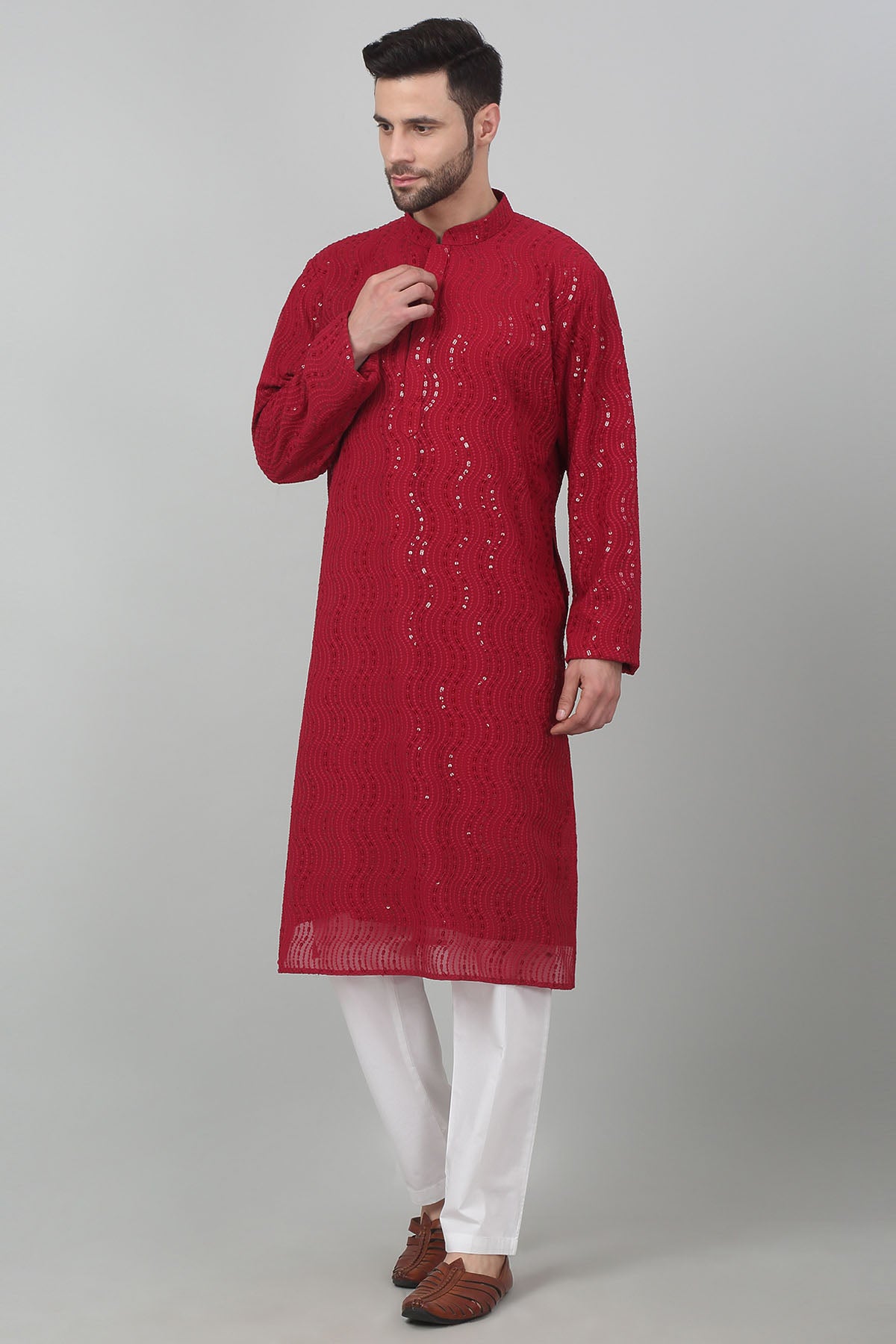 Embroidered Red Kurta & Pants
