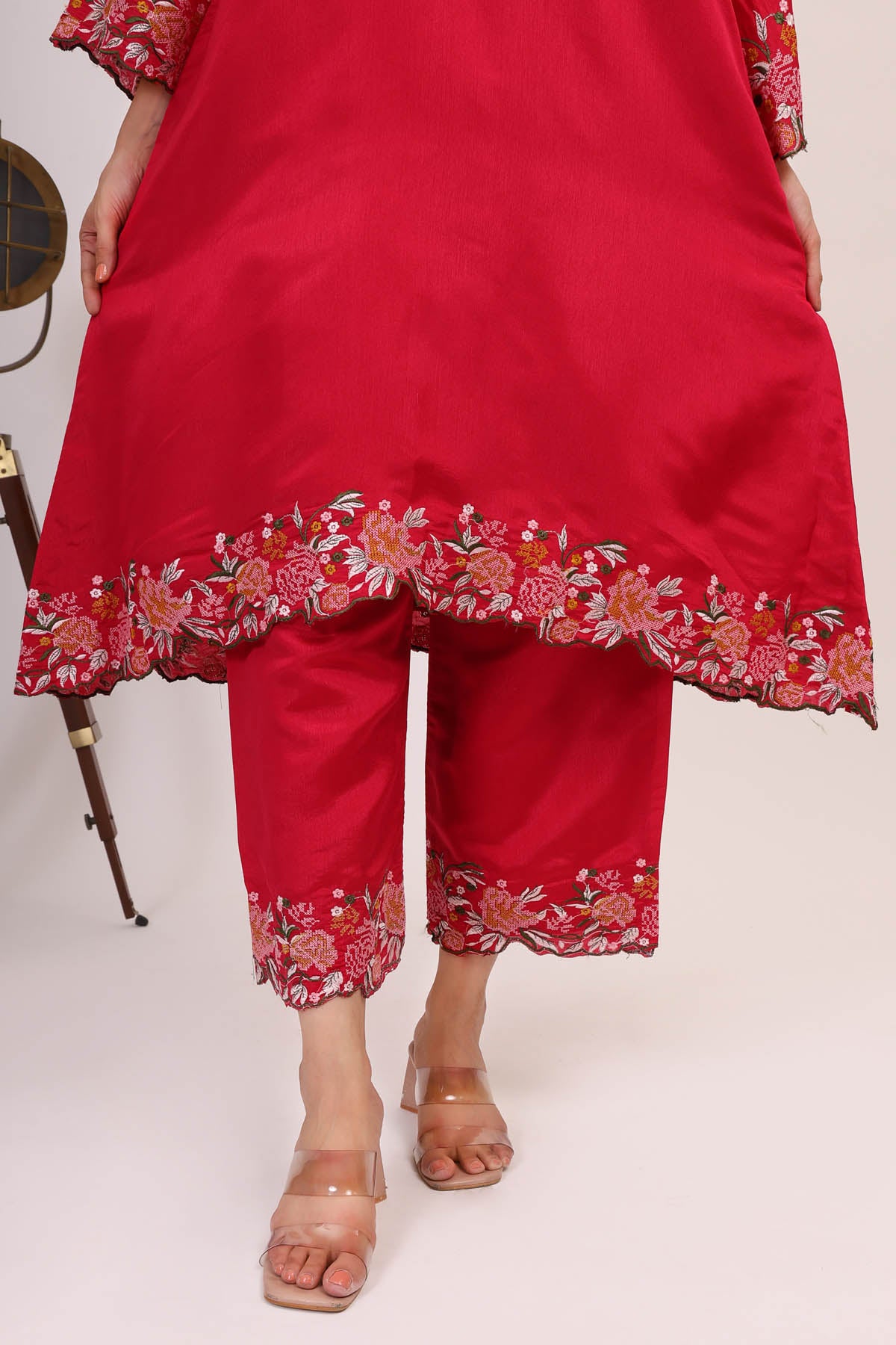 Red Embroidered Chinon Kurta Set
