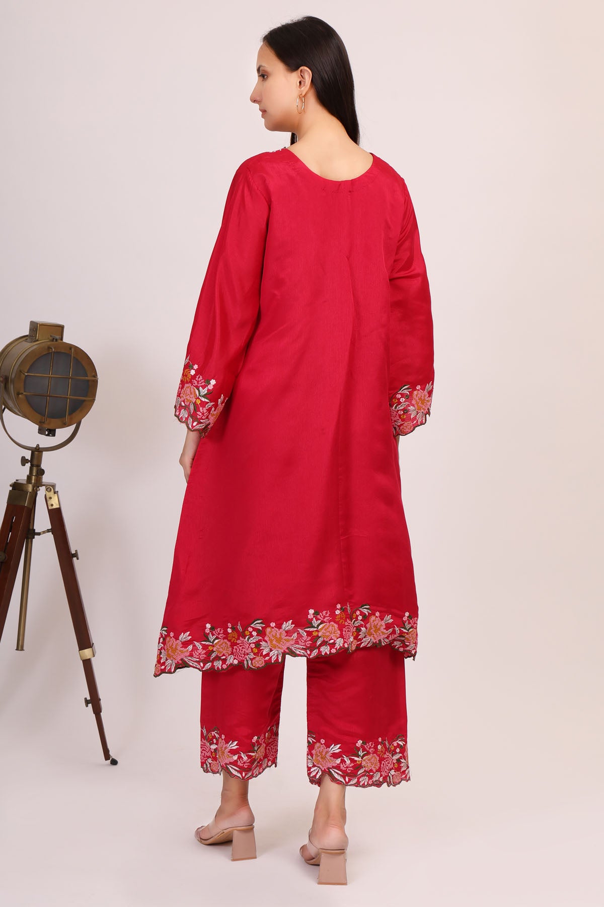 Red Embroidered Chinon Kurta Set