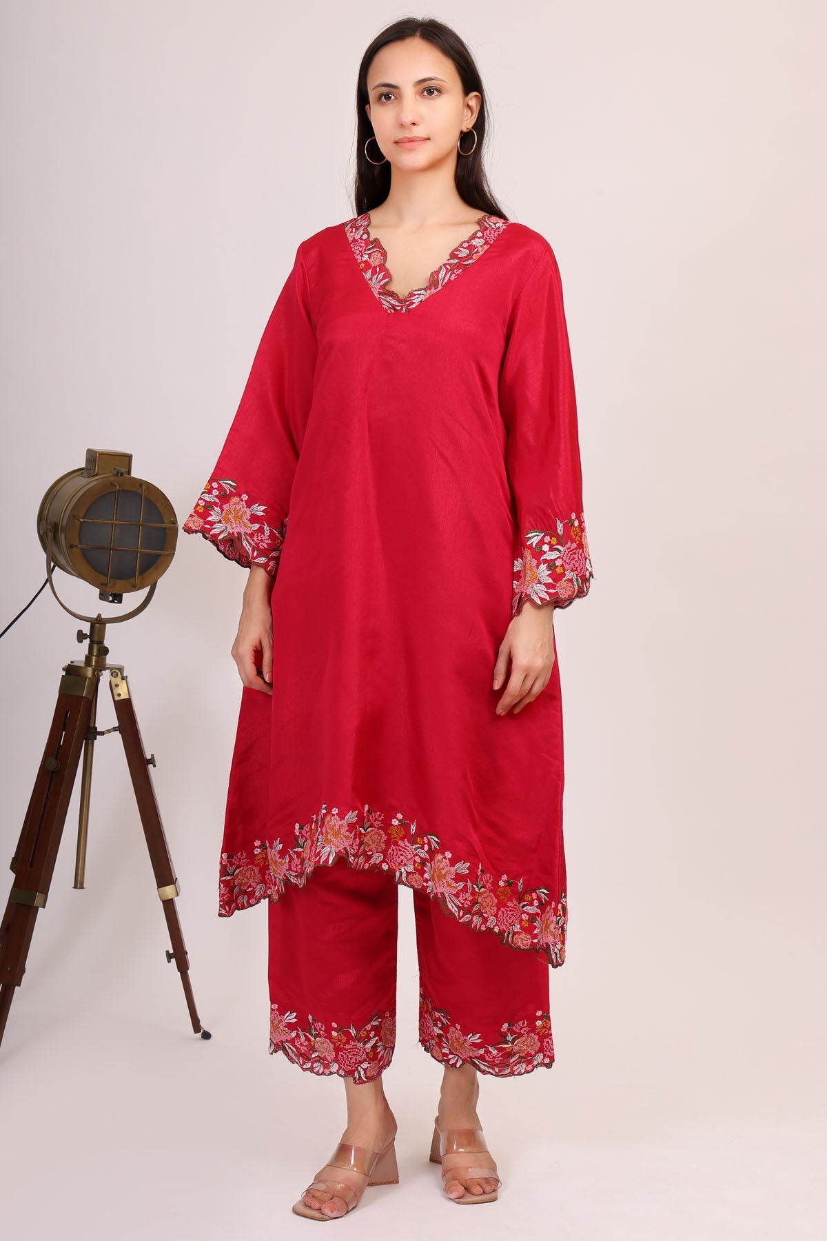 Simply Kitsch Red Embroidered Chinon Kurta Set for women online at ScrollnShops