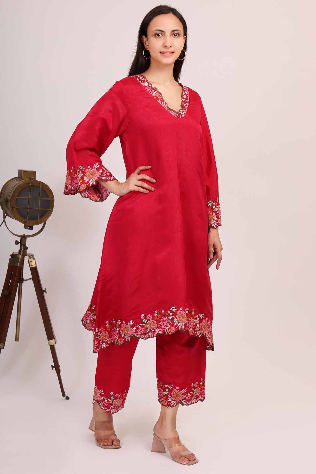 Red Embroidered Chinon Kurta Set