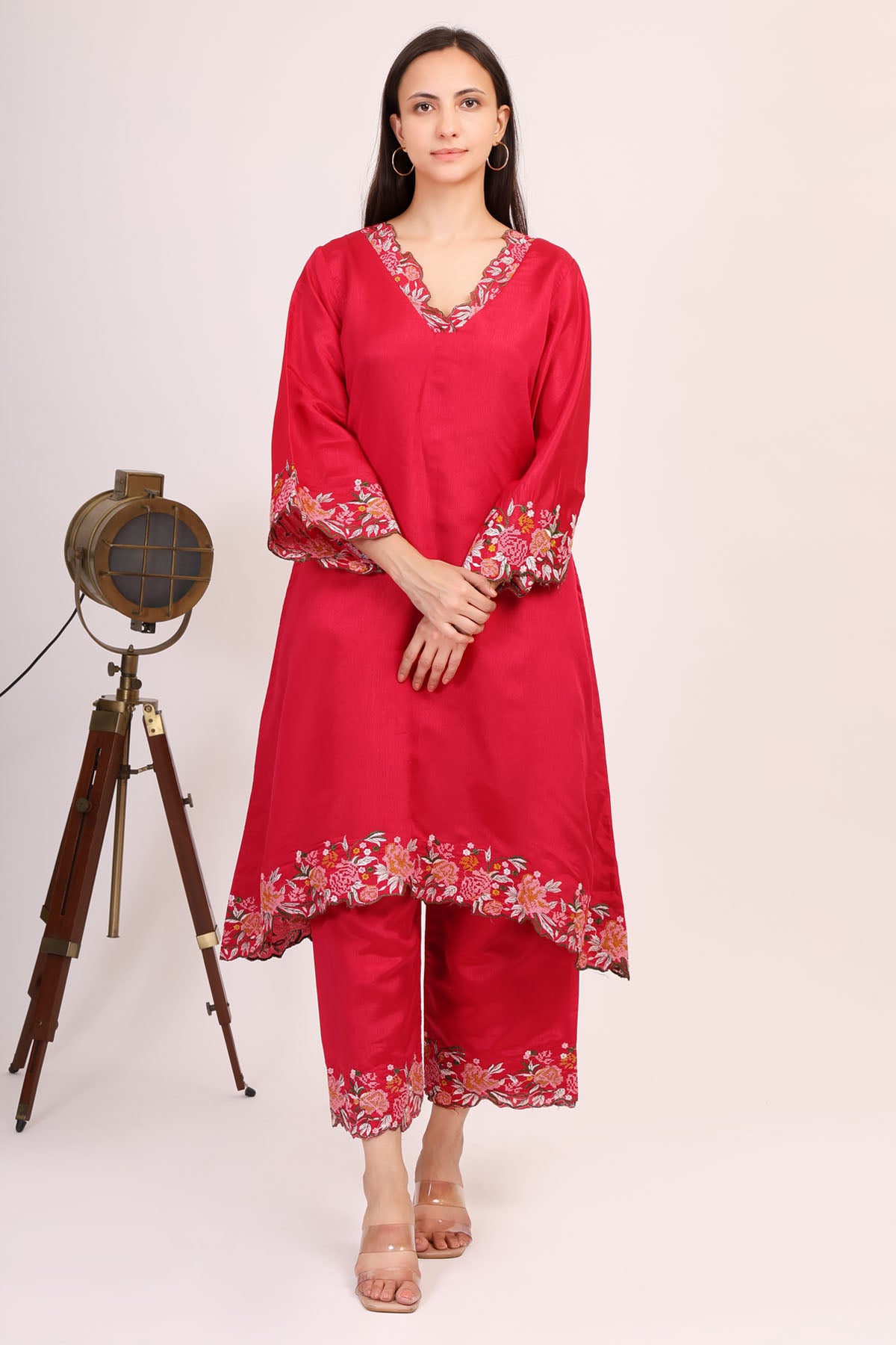 Red Embroidered Chinon Kurta Set