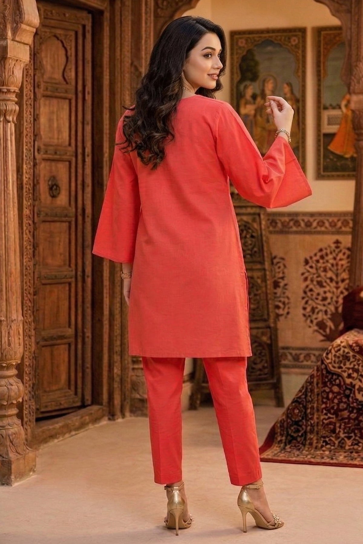Tomato Red Thread Kurta & Pant