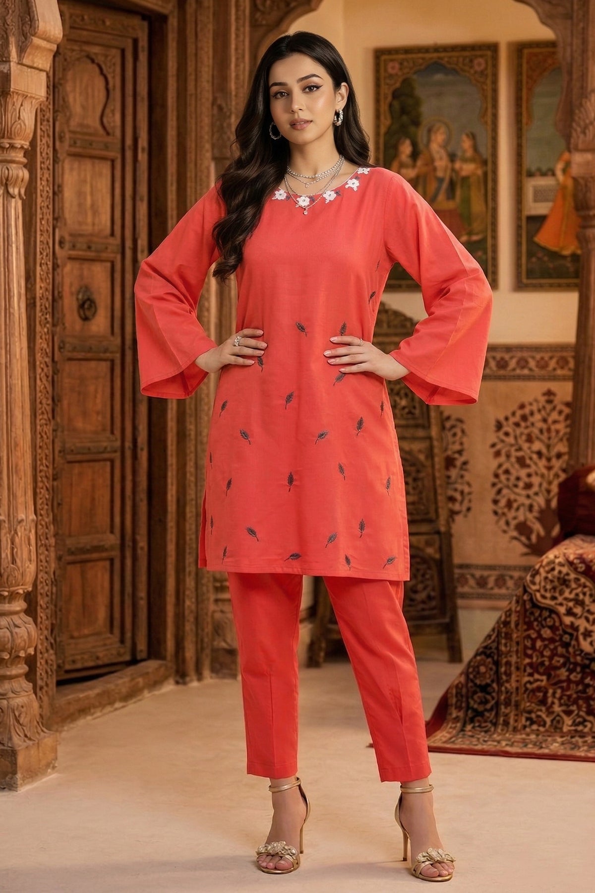 Tomato Red Thread Kurta & Pant