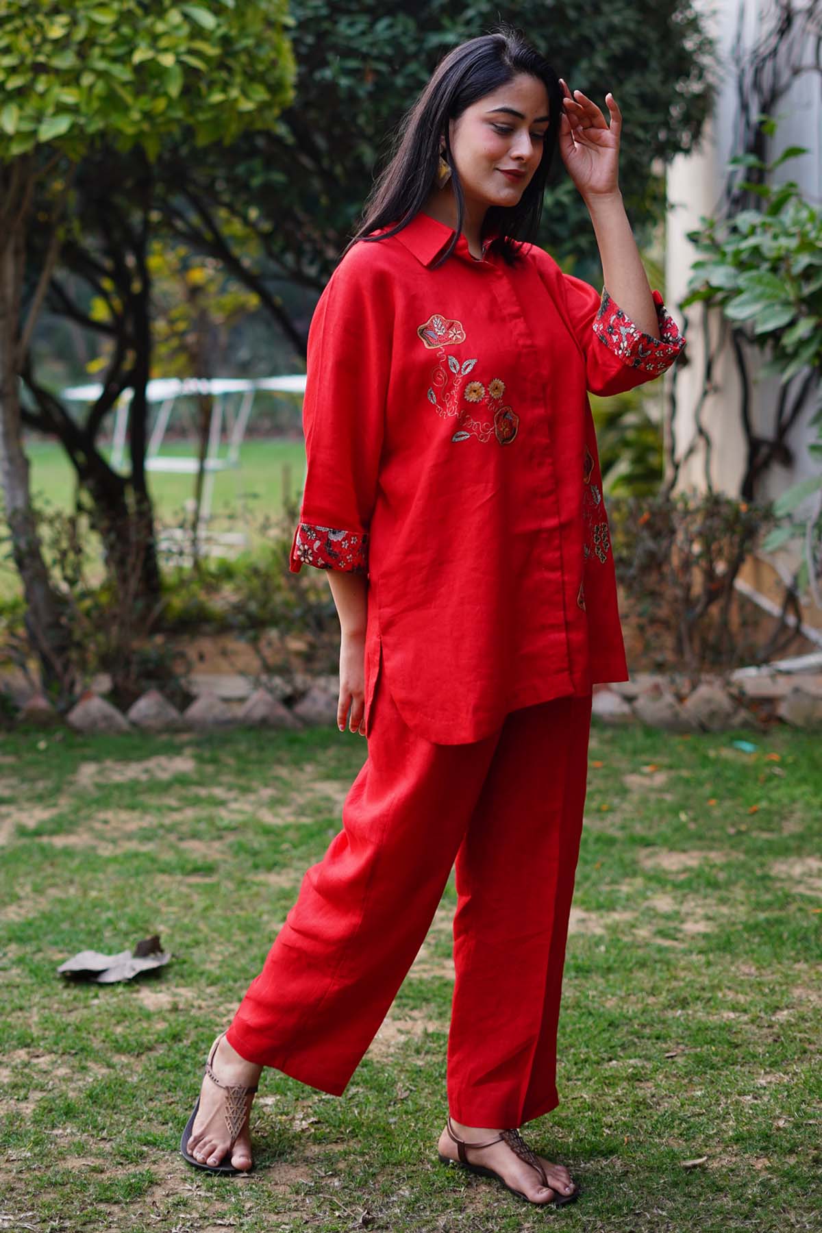 Designer Linen Bloom Red Linen Shirt with Delicate Embroidery For Women Online at ScrollnShops