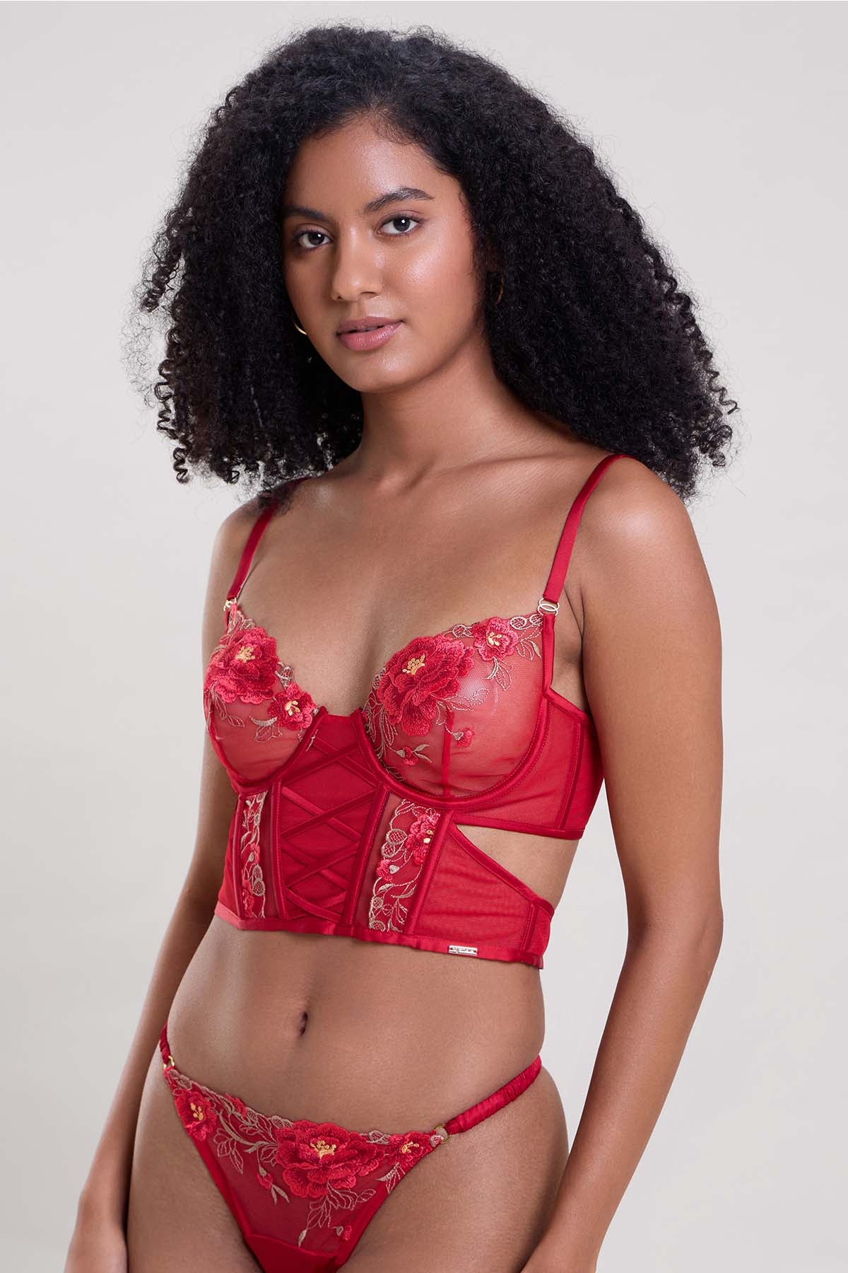 Red Embroidered Long Bra & Thong