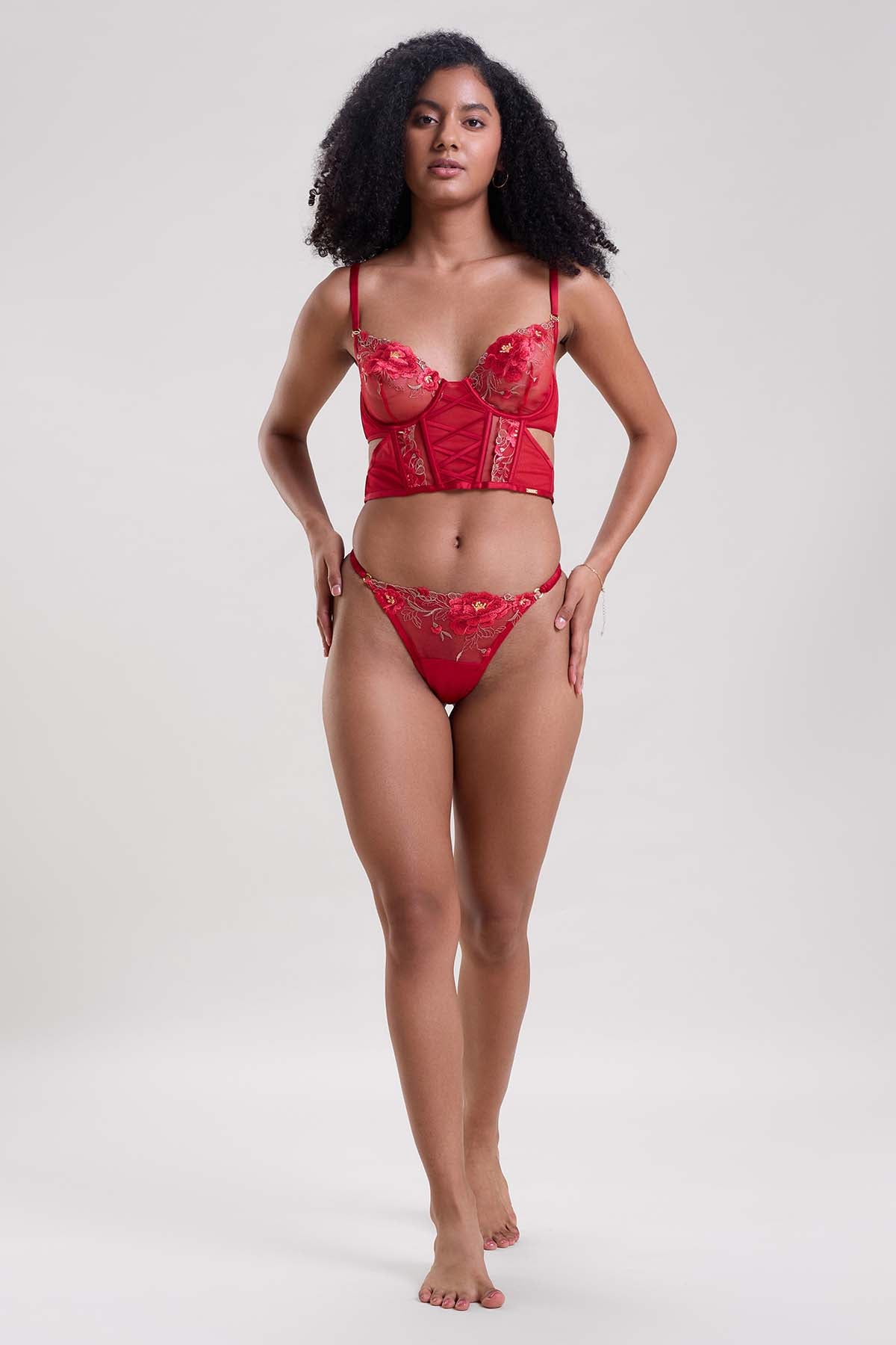 Red Embroidered Long Bra & Thong