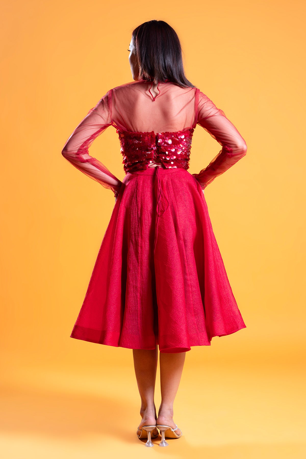 Red Embroidered Midi Skirt Set