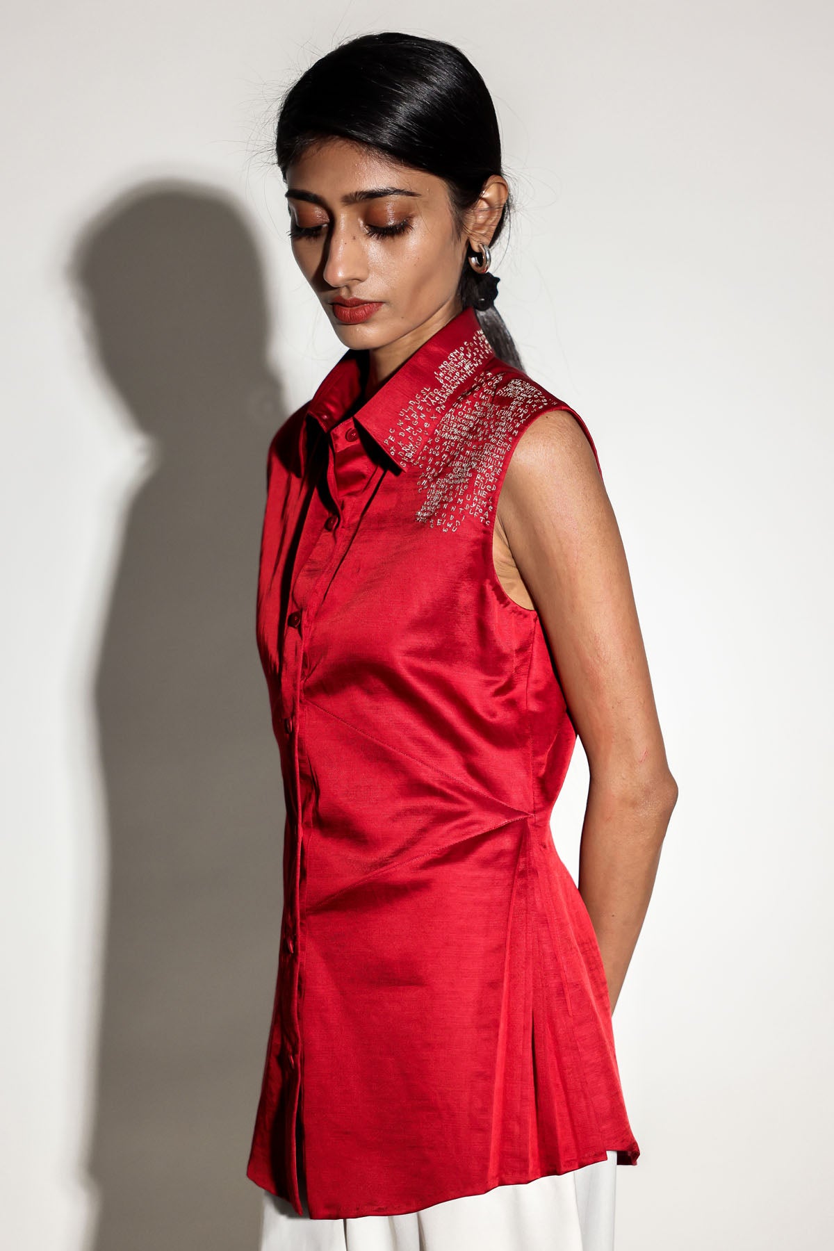 Red Embroidered Motif Collar Top