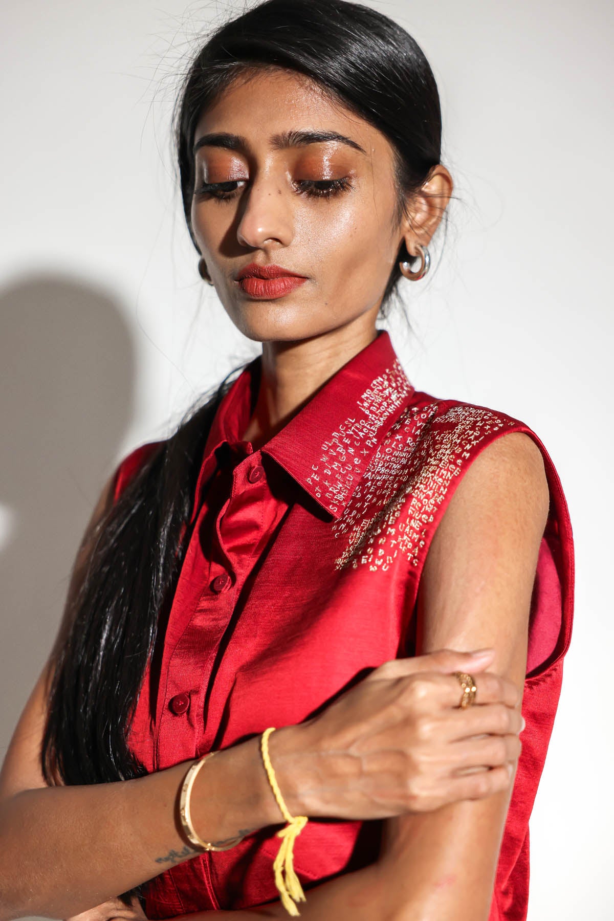 Red Embroidered Motif Collar Top