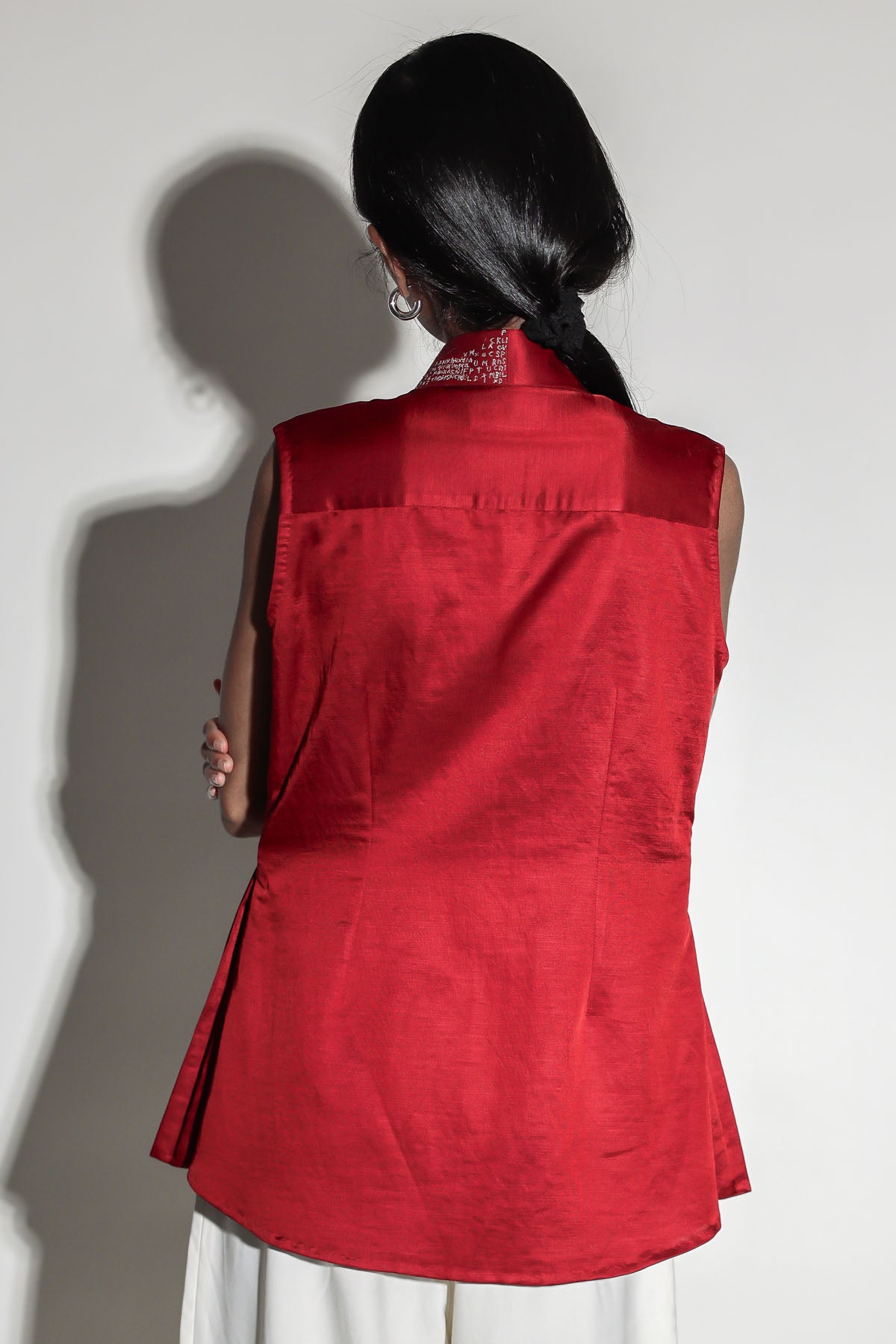 Red Embroidered Motif Collar Top