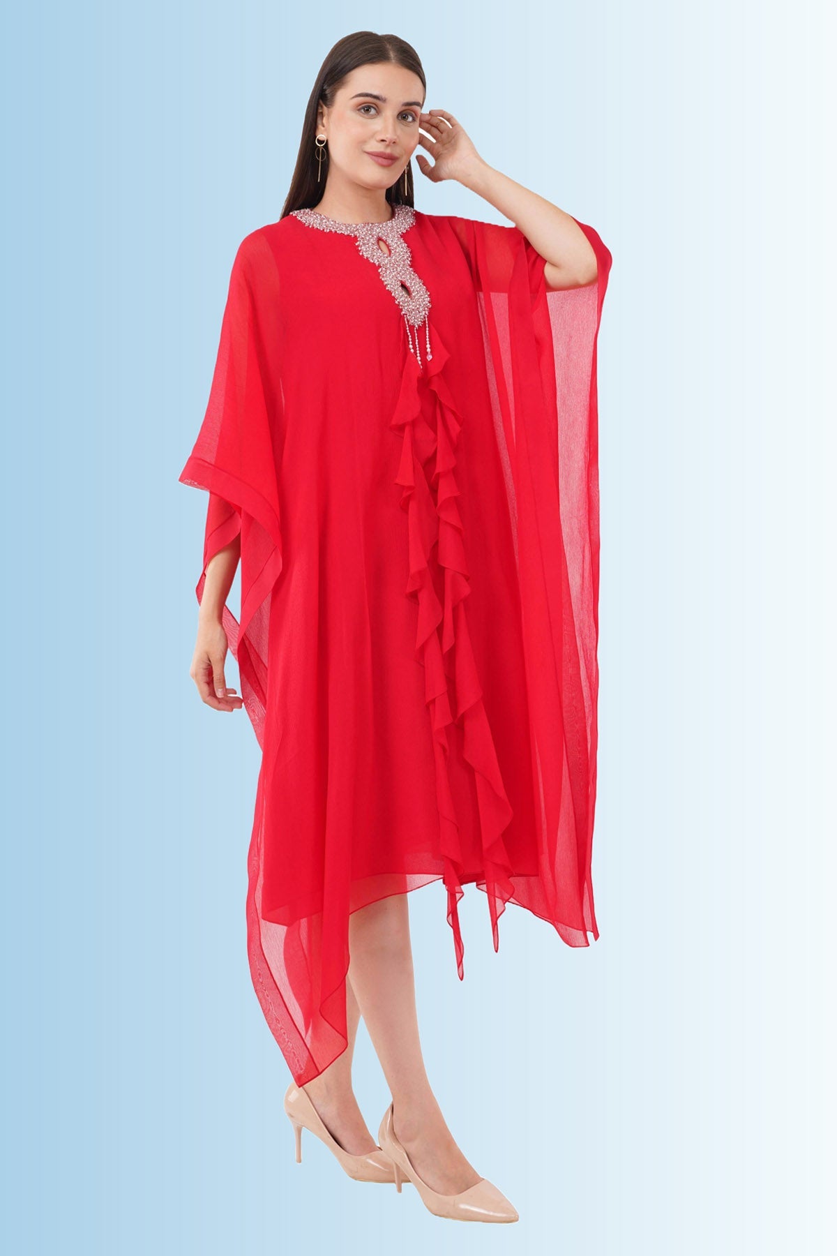 Anjali Kanwar Red Embroidered Neck Kaftan for women online at ScrollnShops