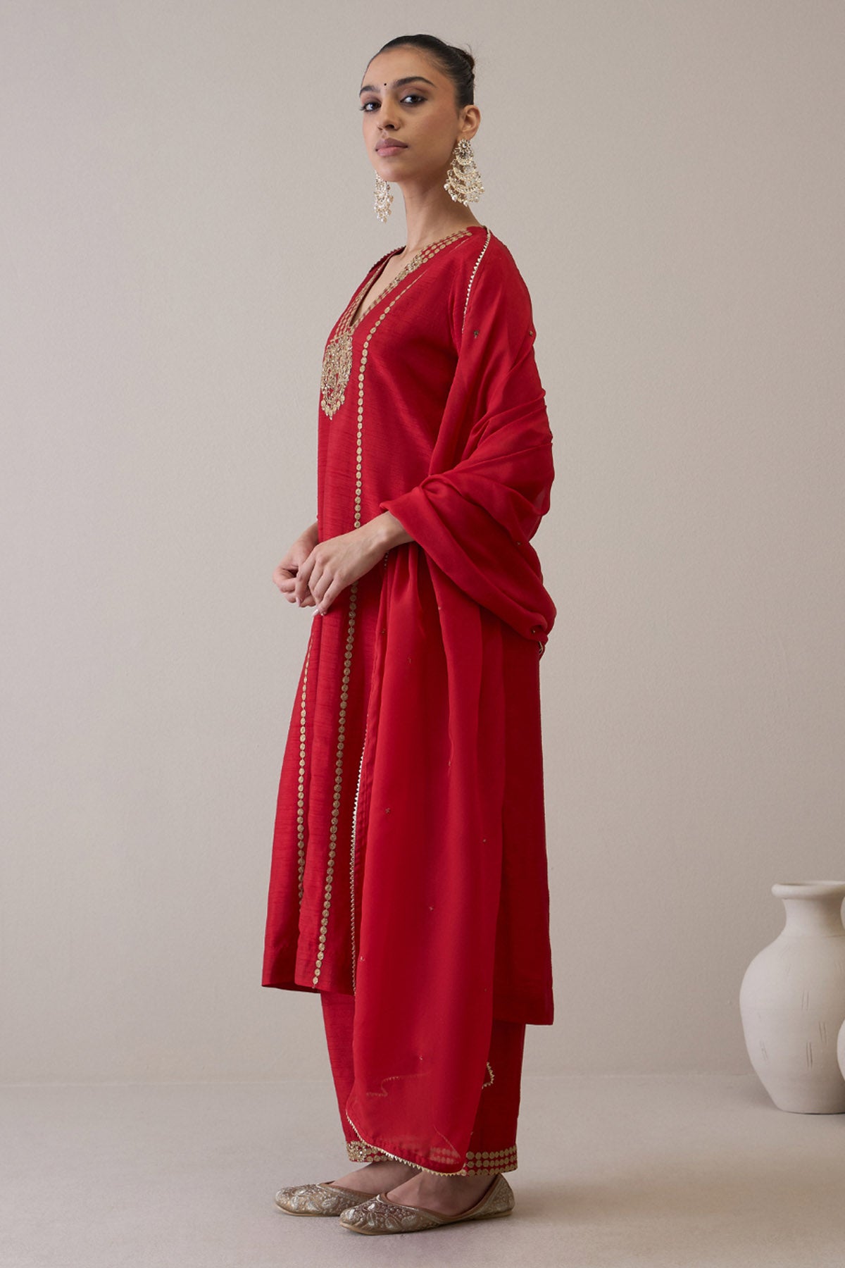 Red Embroidered Neck Kurta Set
