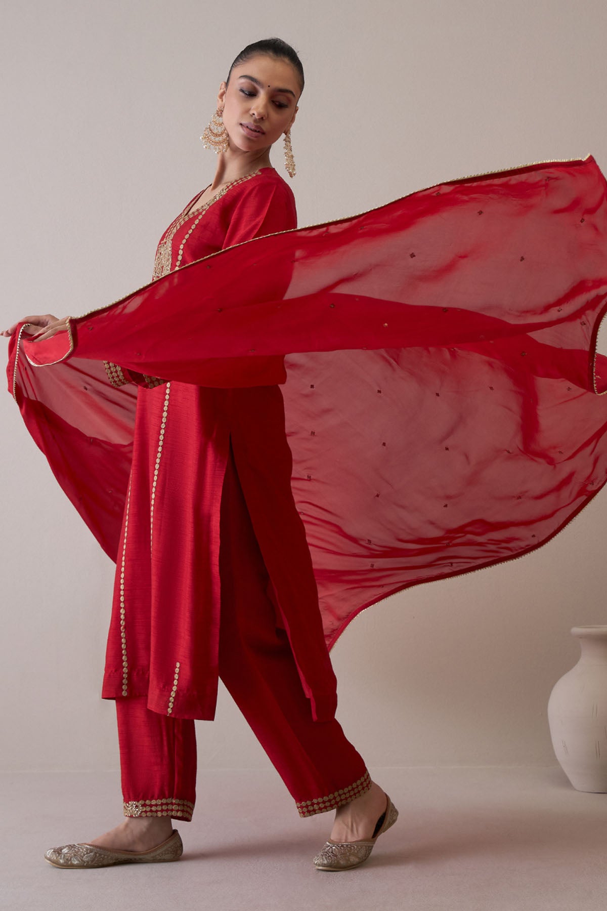 Red Embroidered Neck Kurta Set