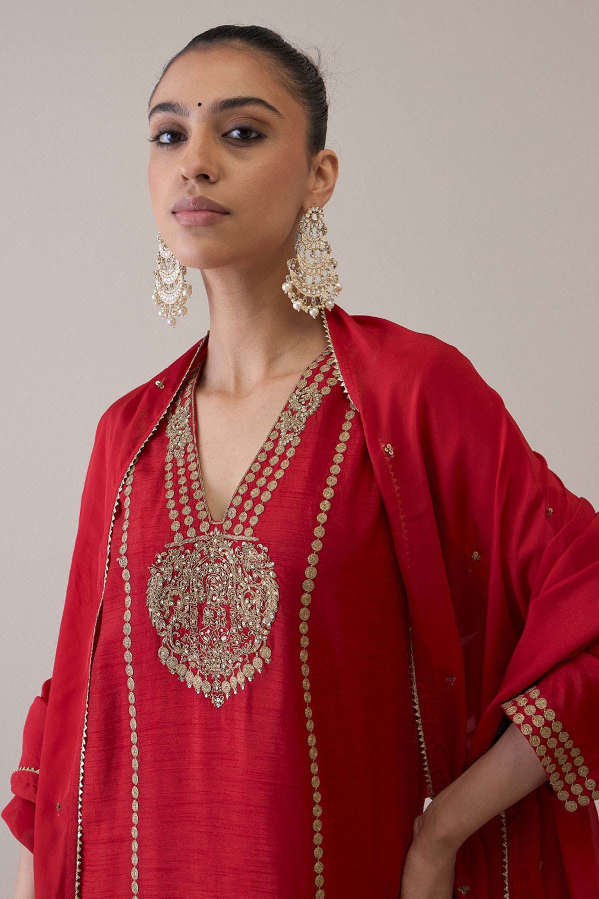 Red Embroidered Neck Kurta Set