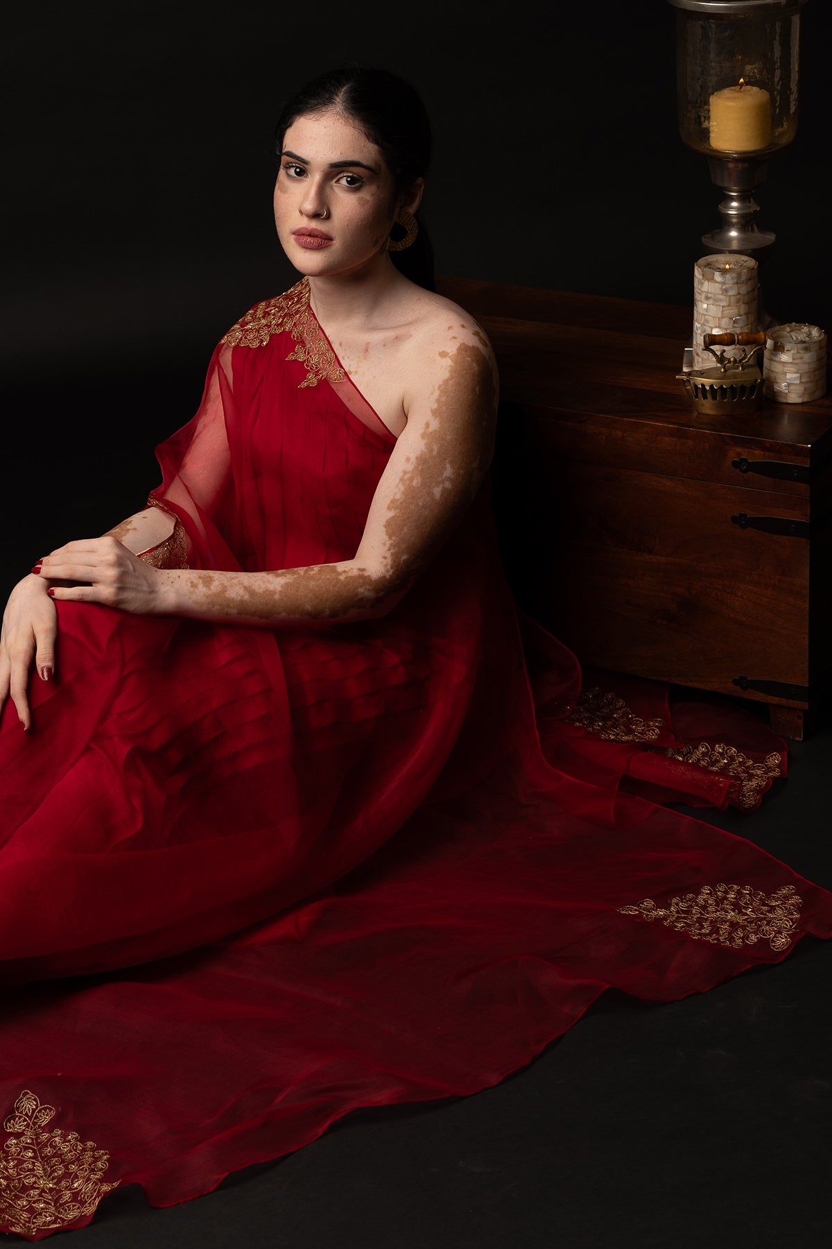 Red Embroidered Pleated Dress