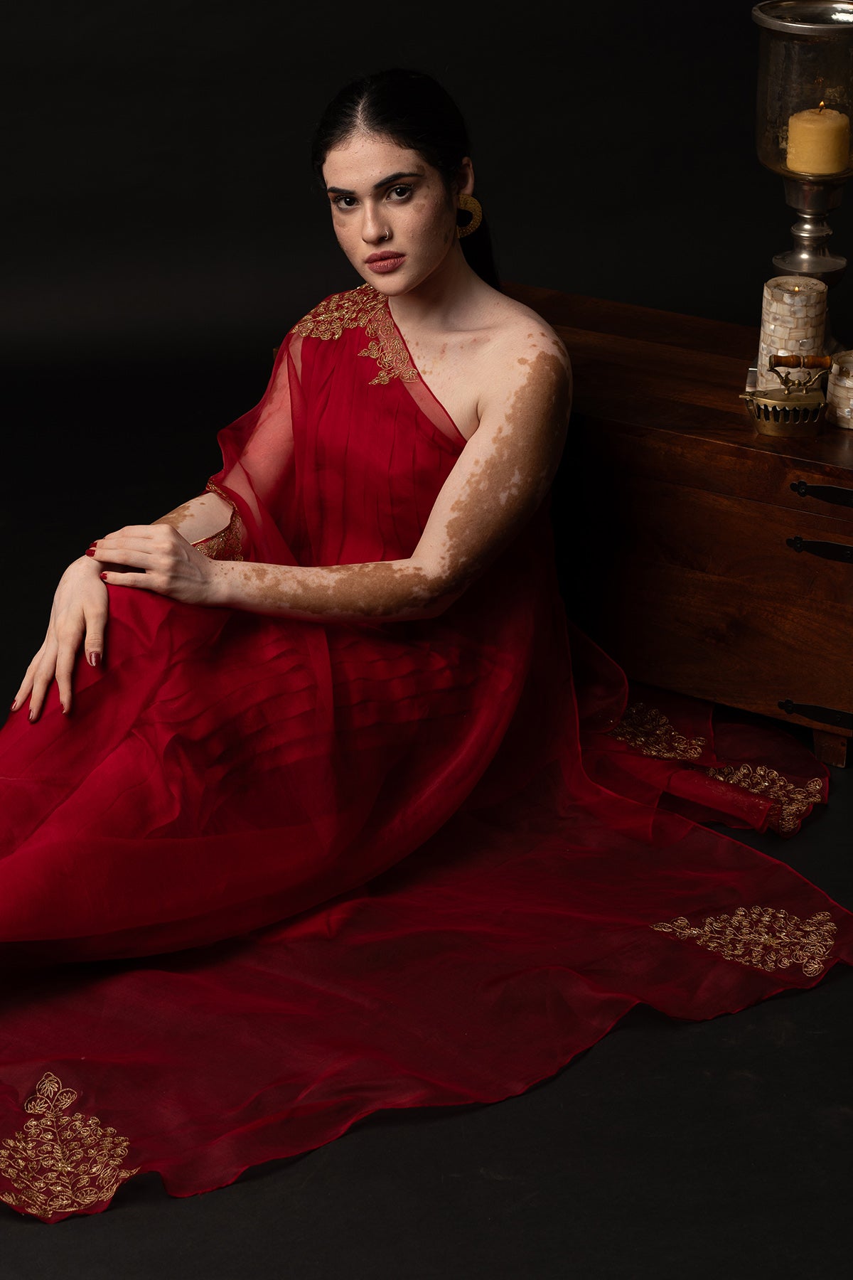 Red Embroidered Pleated Dress