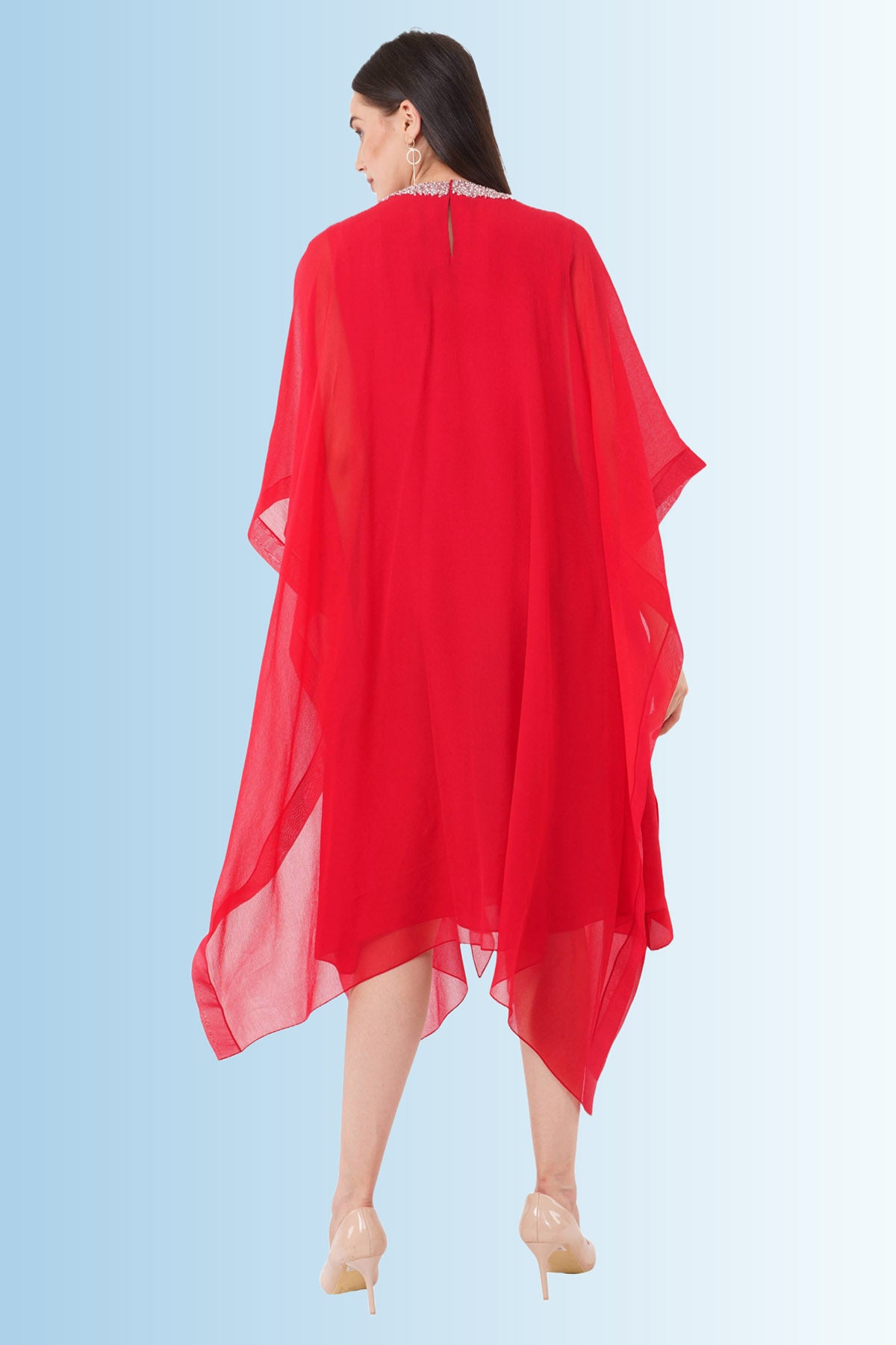 Red Embroidered Ruffle Kaftan