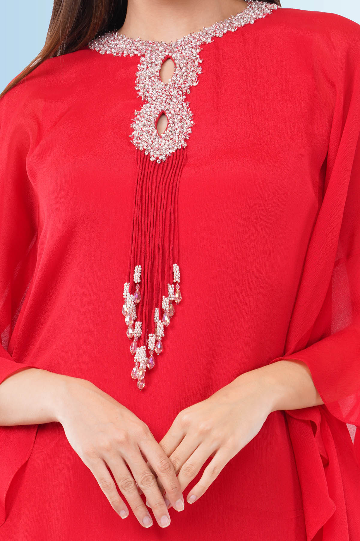 Red Embroidered Ruffle Kaftan