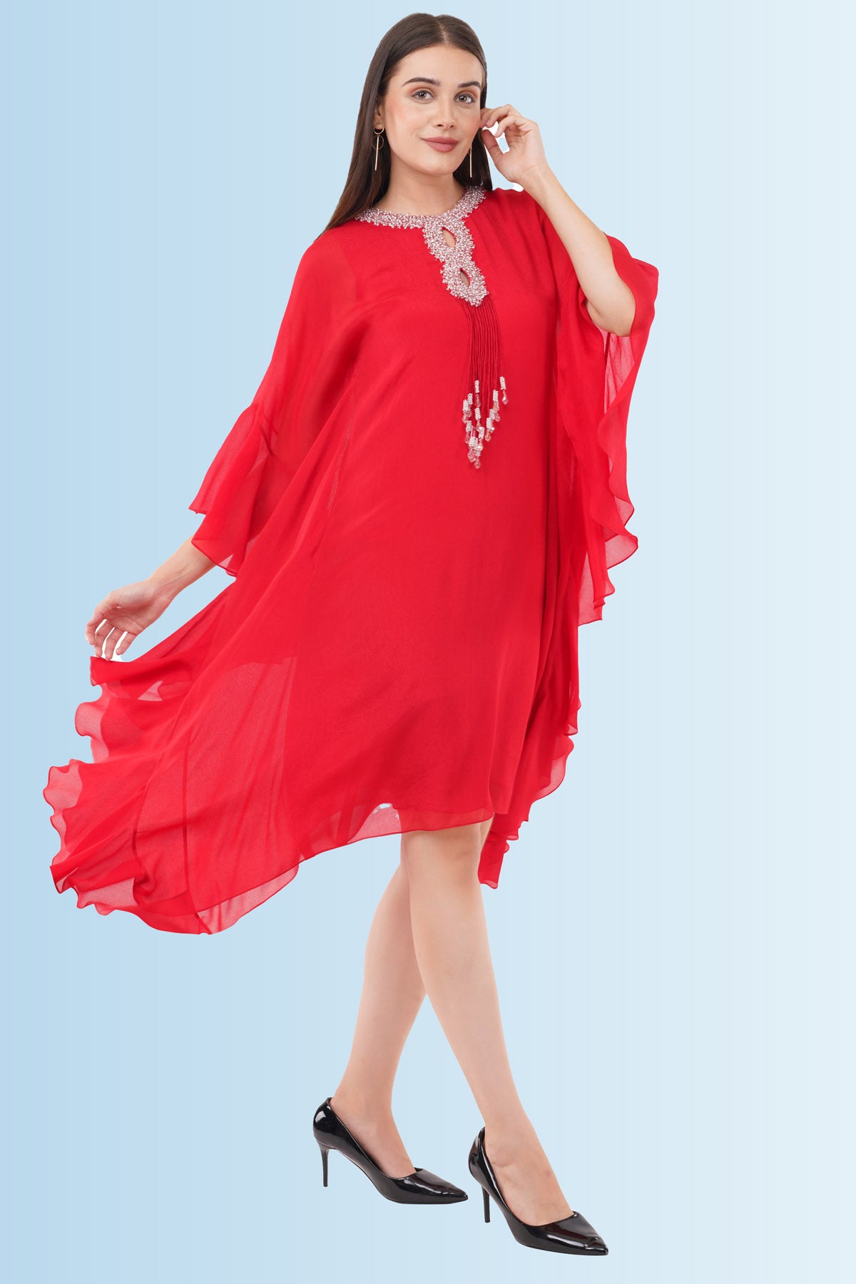 Red Embroidered Ruffle Kaftan