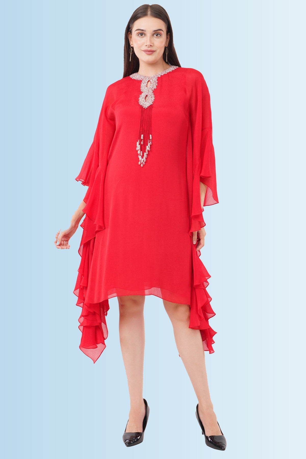 Anjali Kanwar Red Embroidered Ruffle Kaftan for women online at ScrollnShops