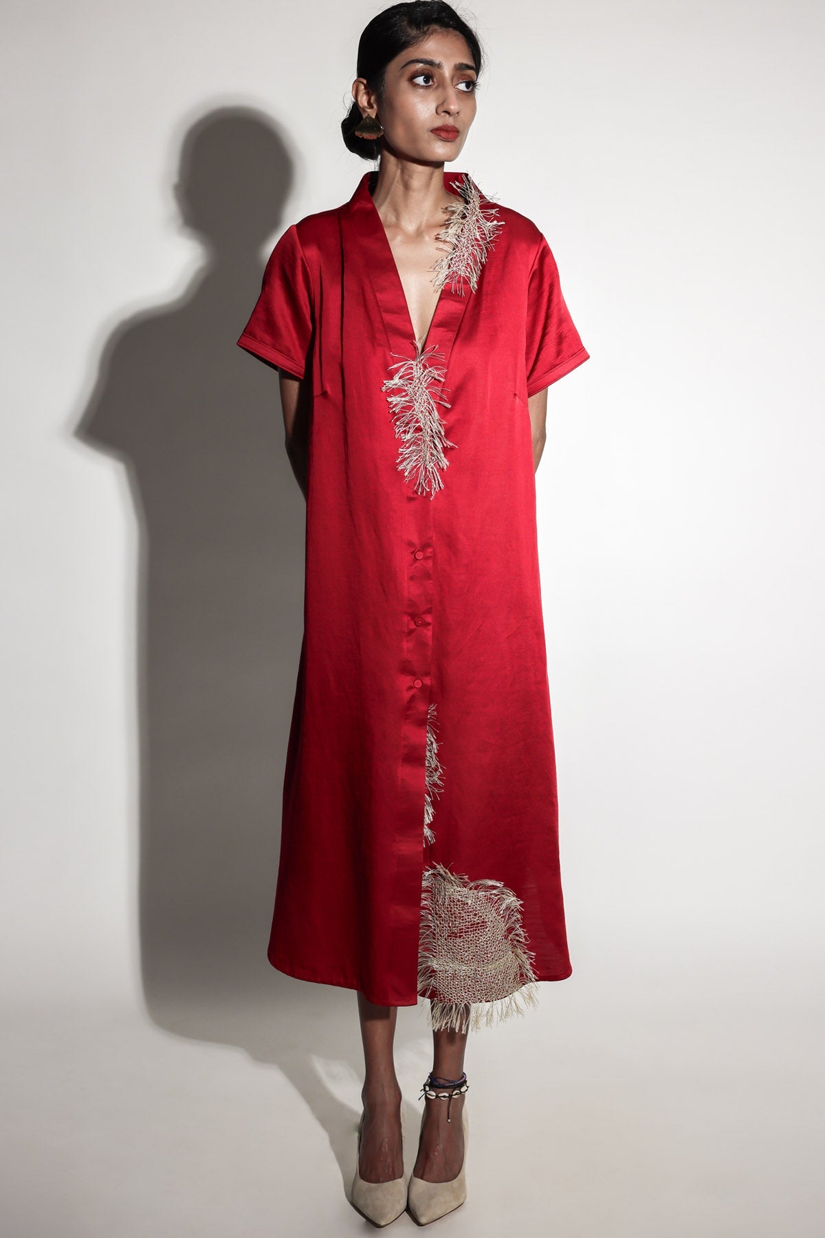 Arya Giri Red Embroidered Shirt Dress for women online at ScrollnShops