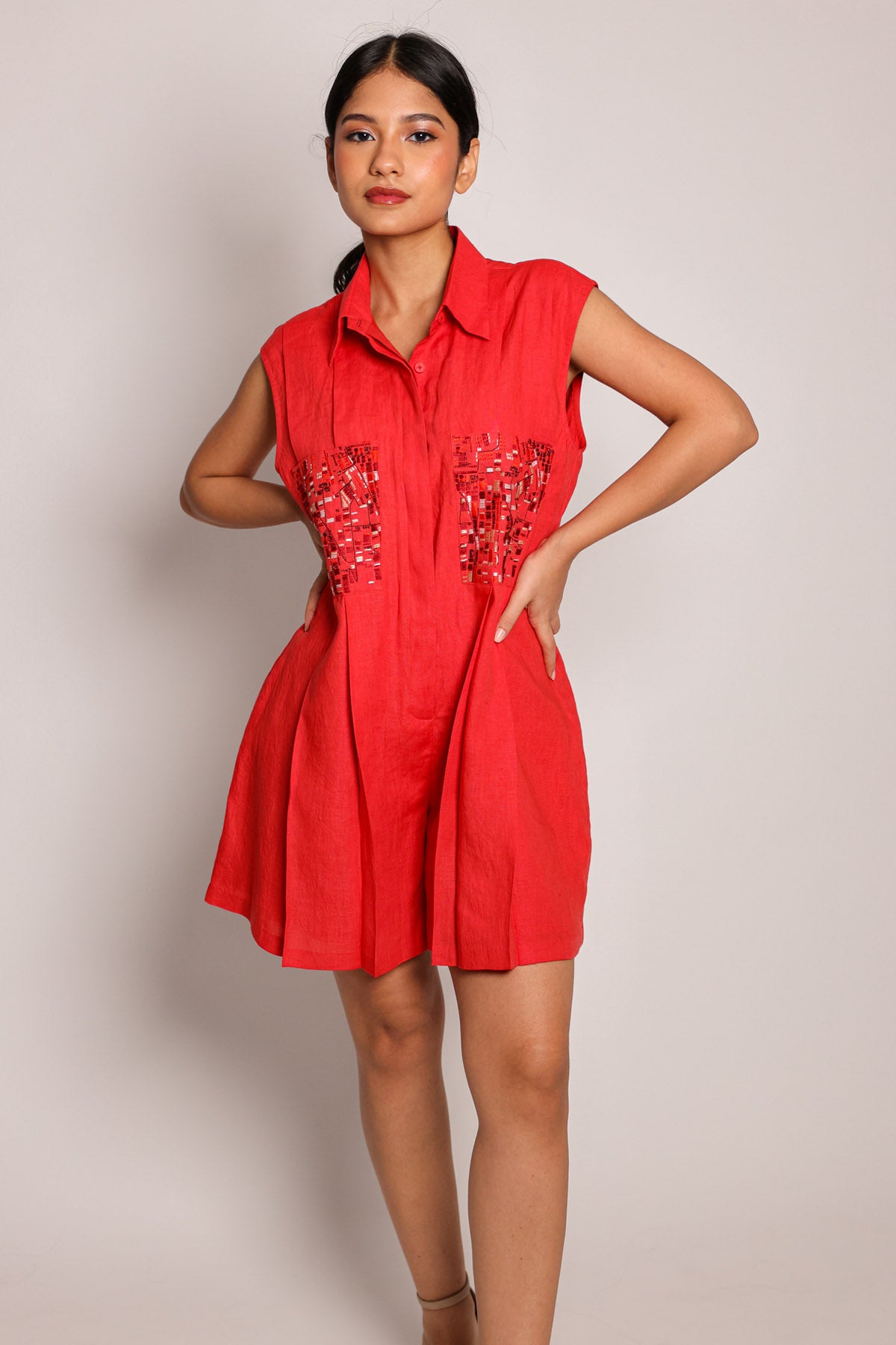 Red Embroidered Short Jumpsuit