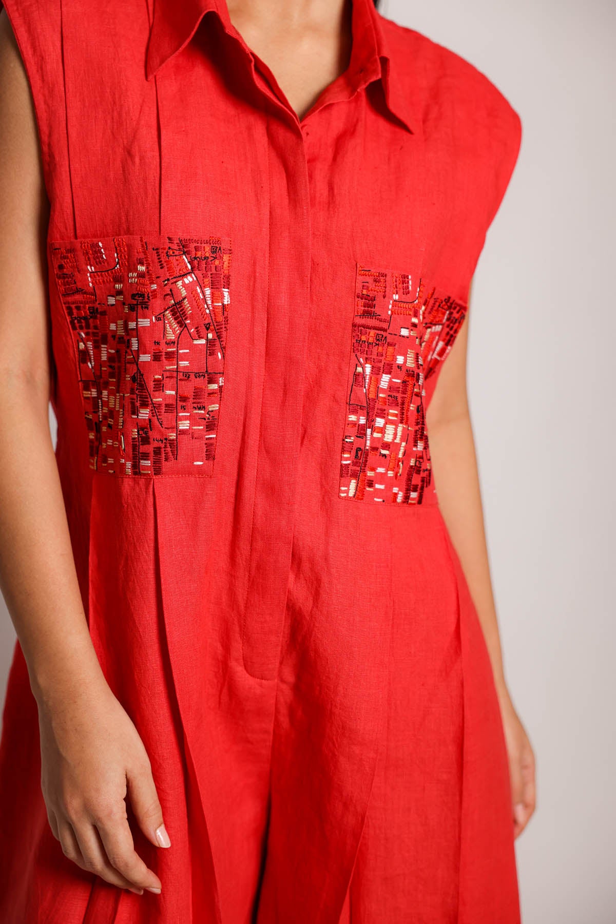 Red Embroidered Short Jumpsuit