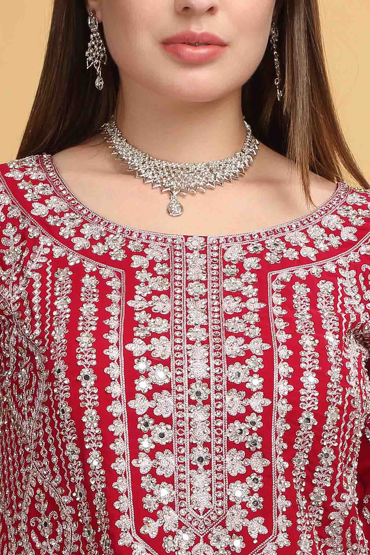 Red Embroidered Short Kurta Set