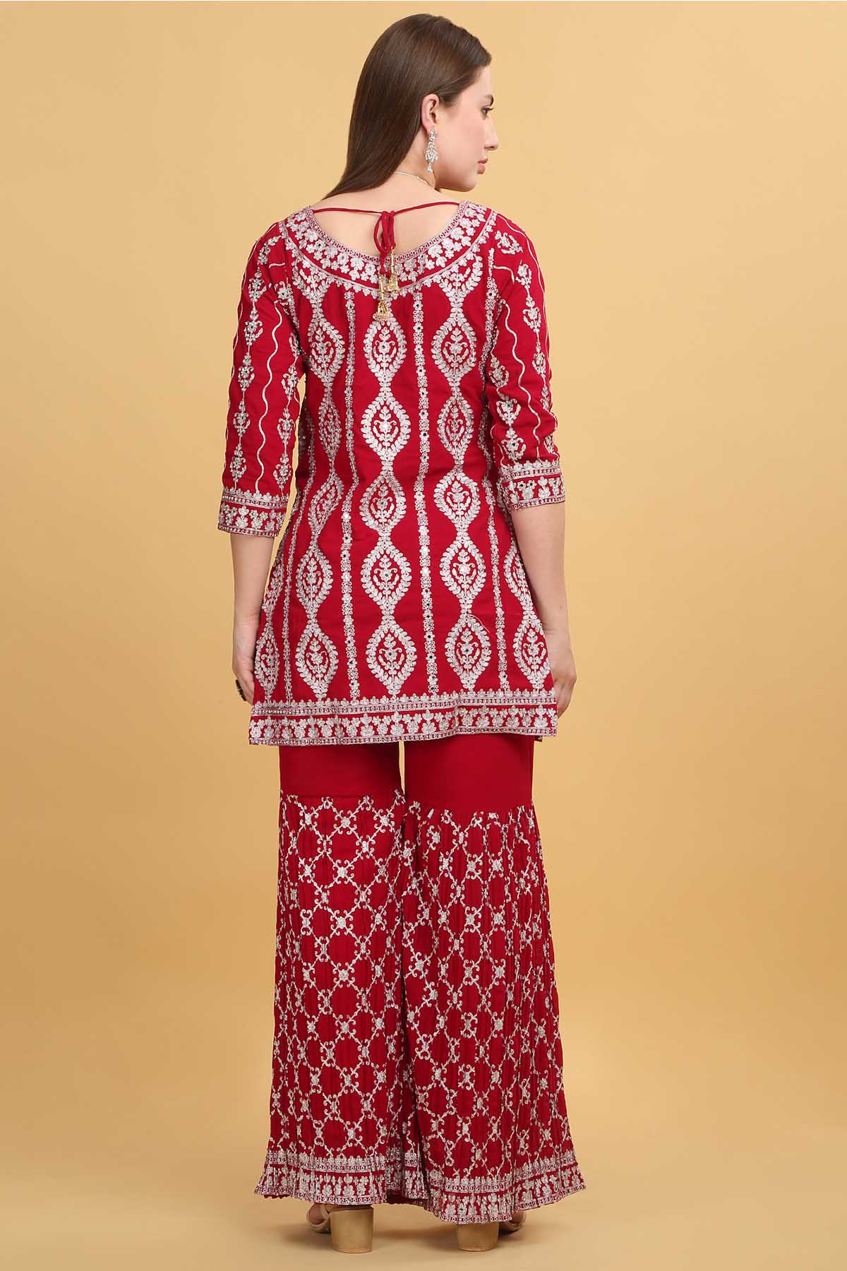 Red Embroidered Short Kurta Set