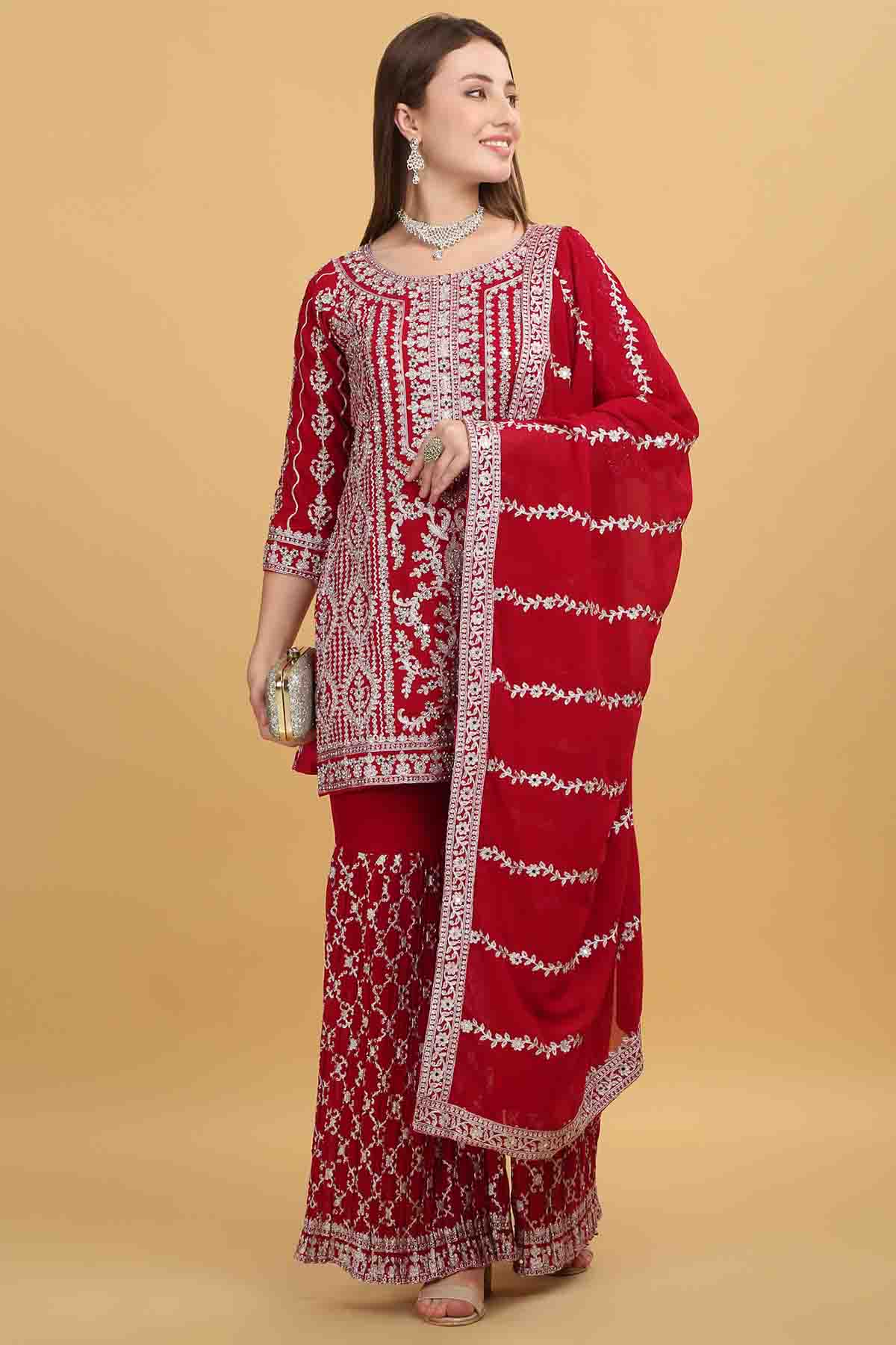 Buy Red Embroidered Short Kurta Set by Aham Vayam for women online at ScrollnShops