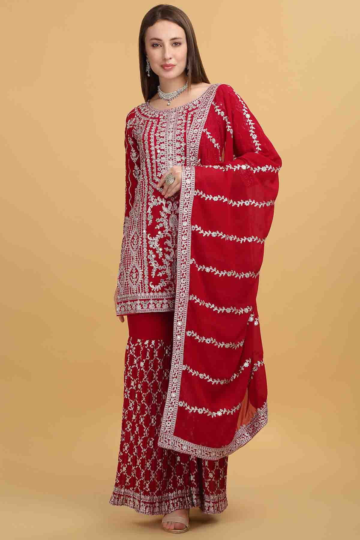Red Embroidered Short Kurta Set