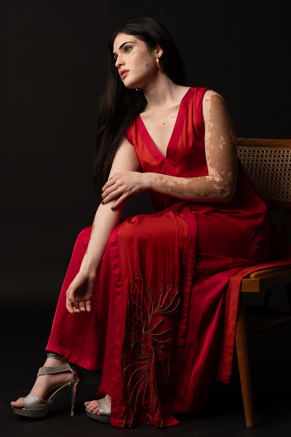 Red Embroidered Slit Maxi Dress