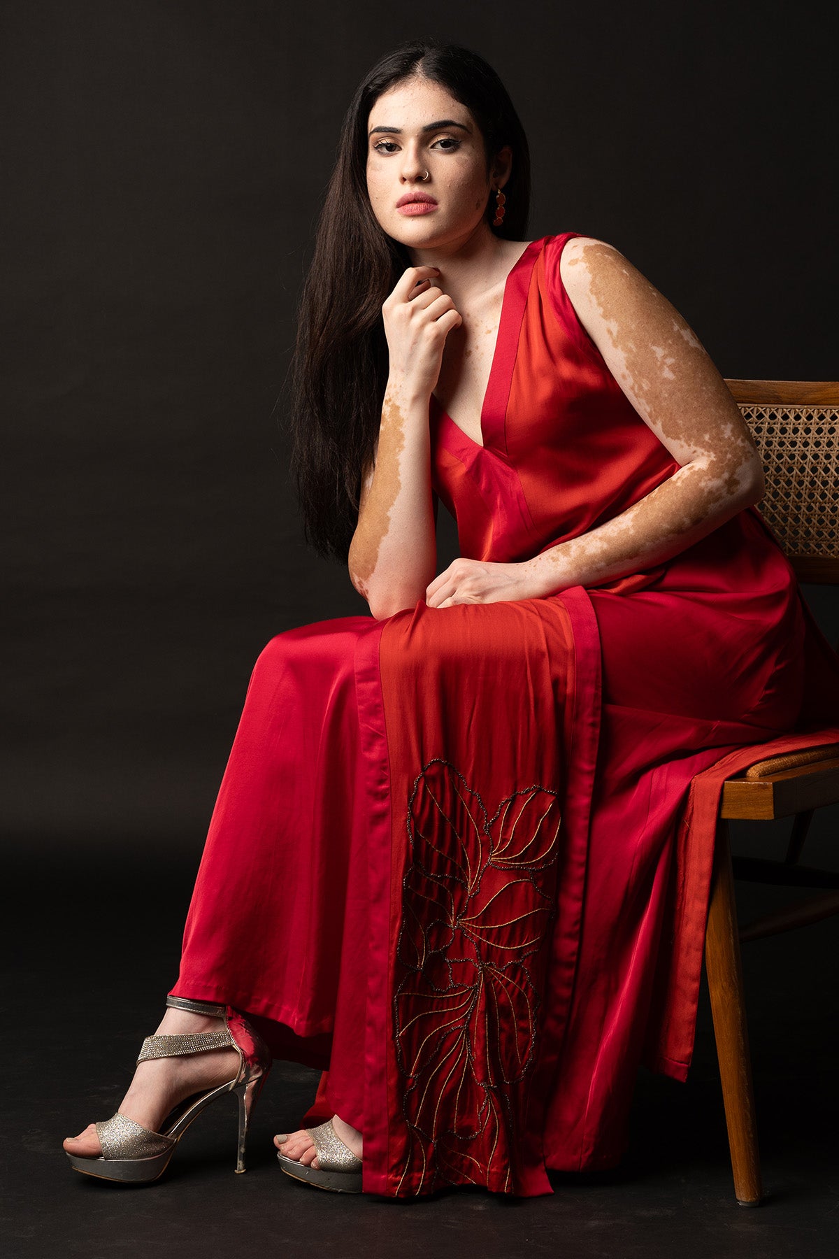 Red Embroidered Slit Maxi Dress