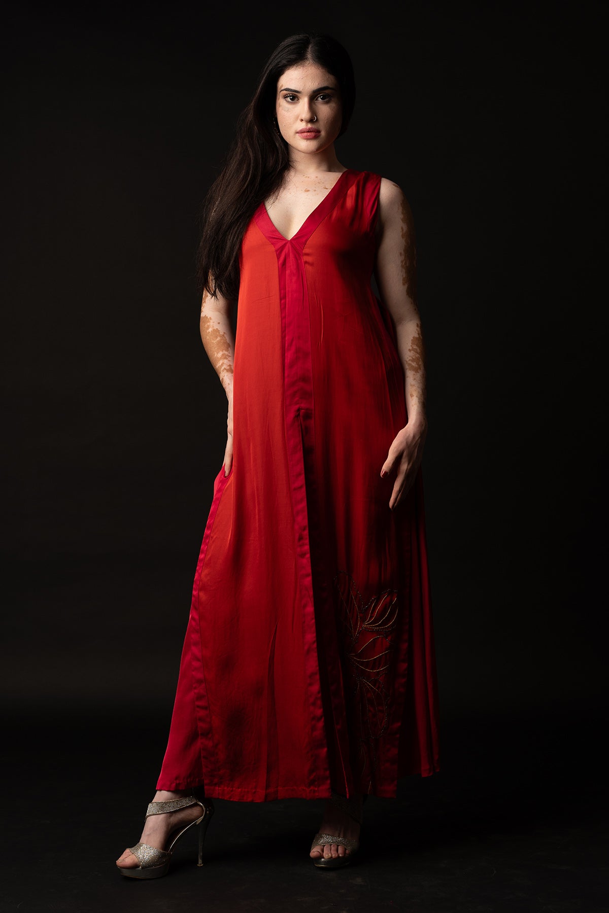 Red Embroidered Slit Maxi Dress