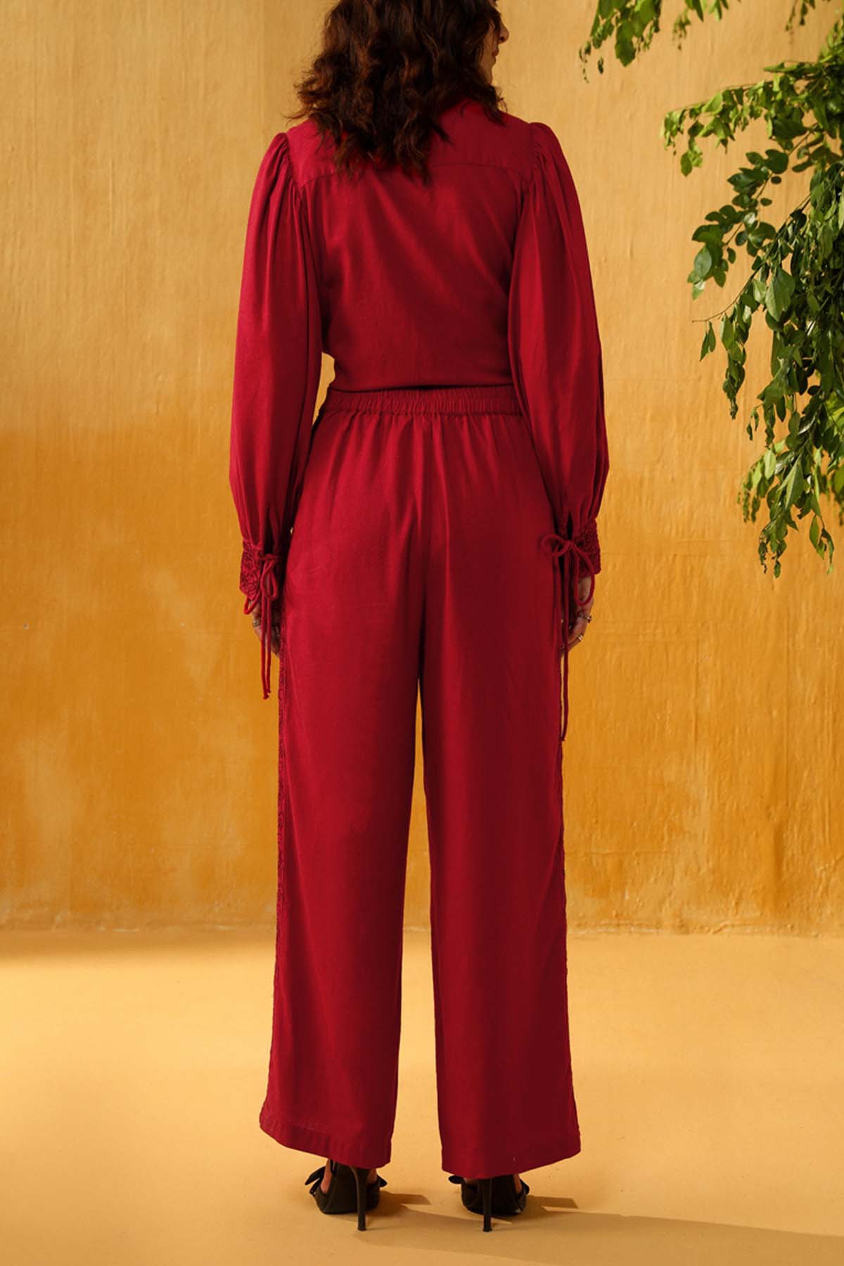 Red Embroidered Straight Pants