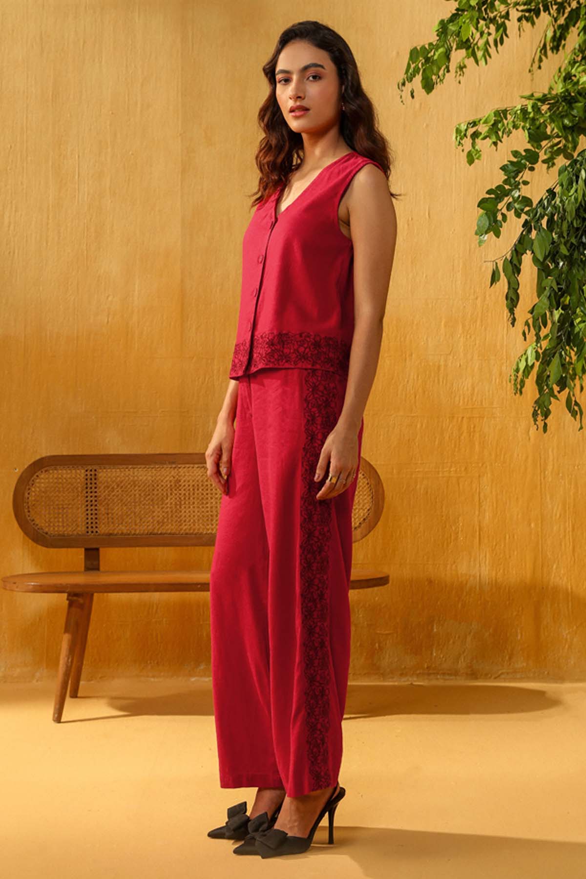 Red Embroidered Straight Pants