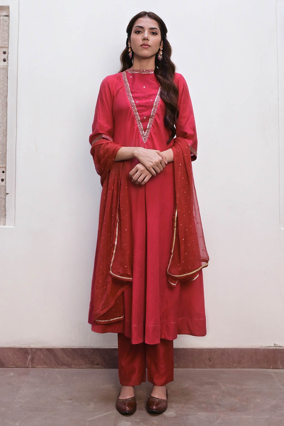 Taro India Red Embroidered Yoke Kurta Set for women online at ScrollnShops