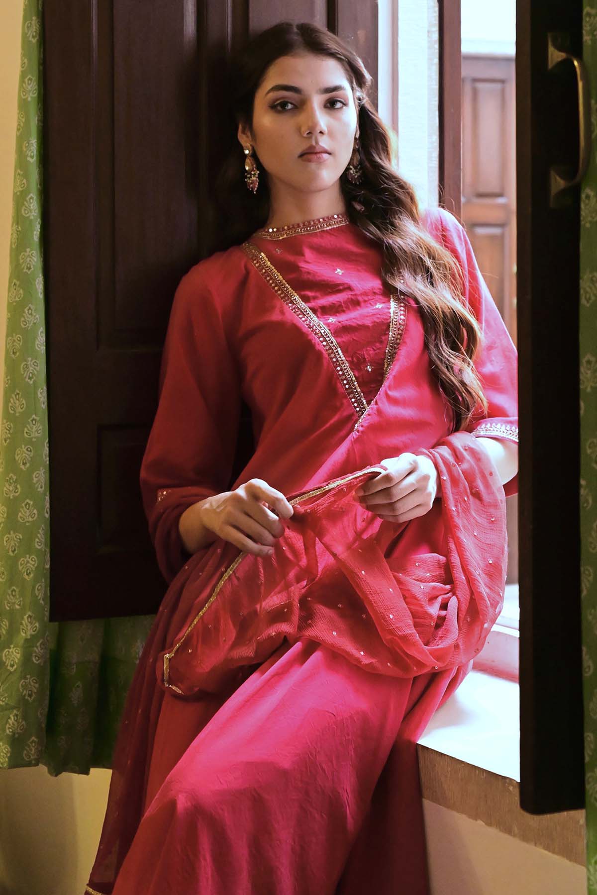 Red Embroidered Yoke Kurta Set