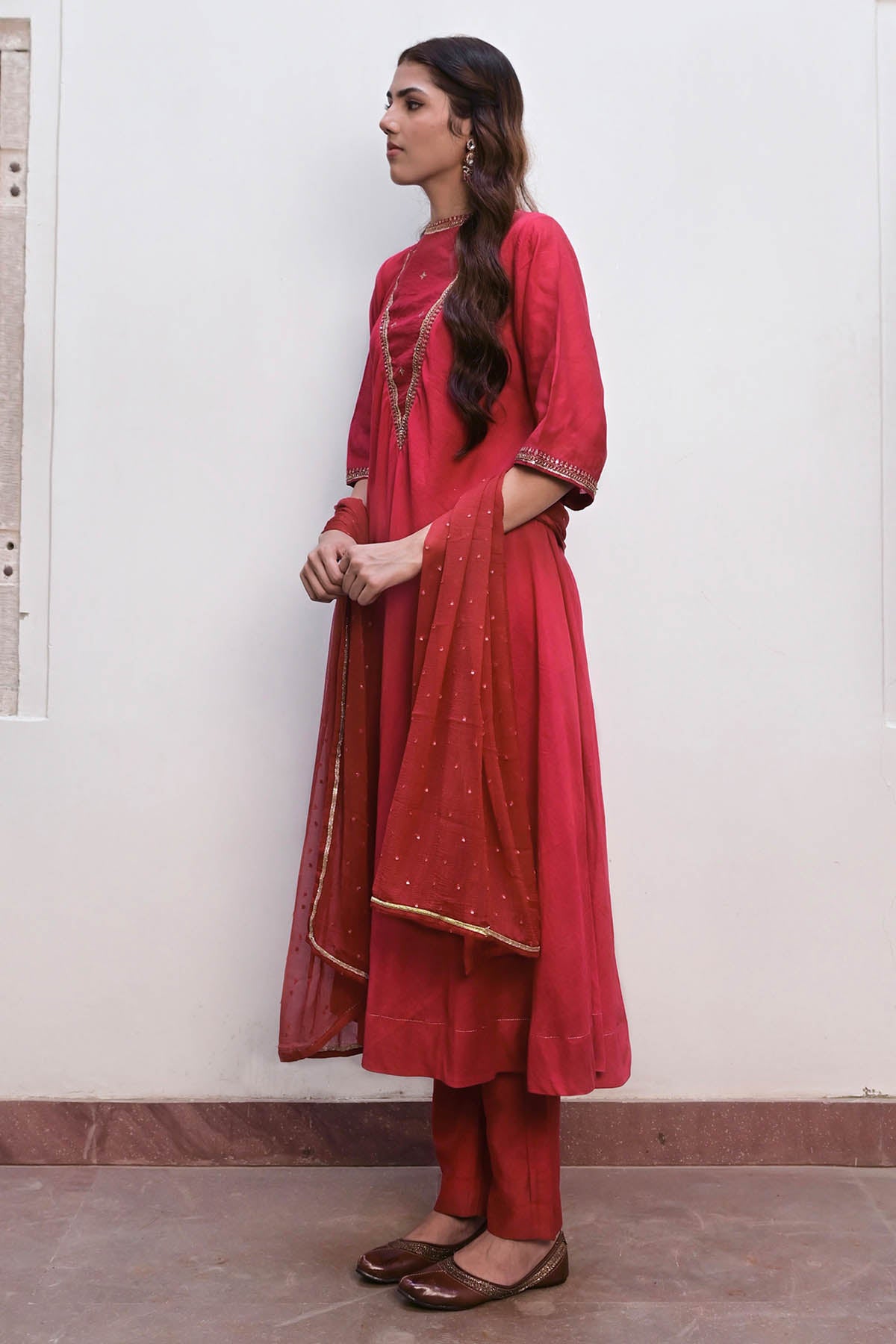 Red Embroidered Yoke Kurta Set